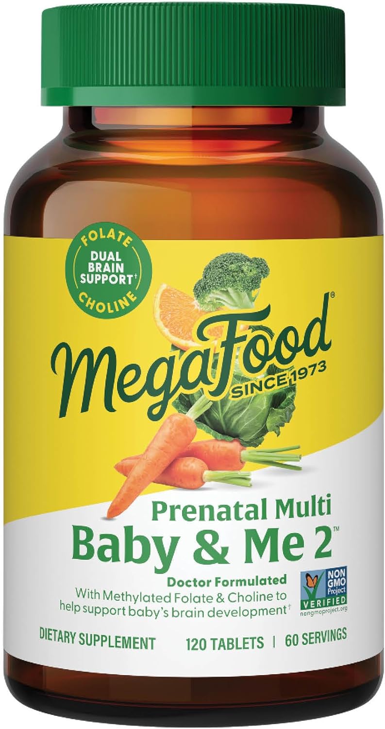 MegaFood Baby & Me 2 Prenatal Vitamin and Minerals – Vitamins for Women – with Folate (Folic Acid Natural Form), Choline, Iron, Iodine, and Vitamin C, Vitamin D and more – 120 Tabs (60 Servings)