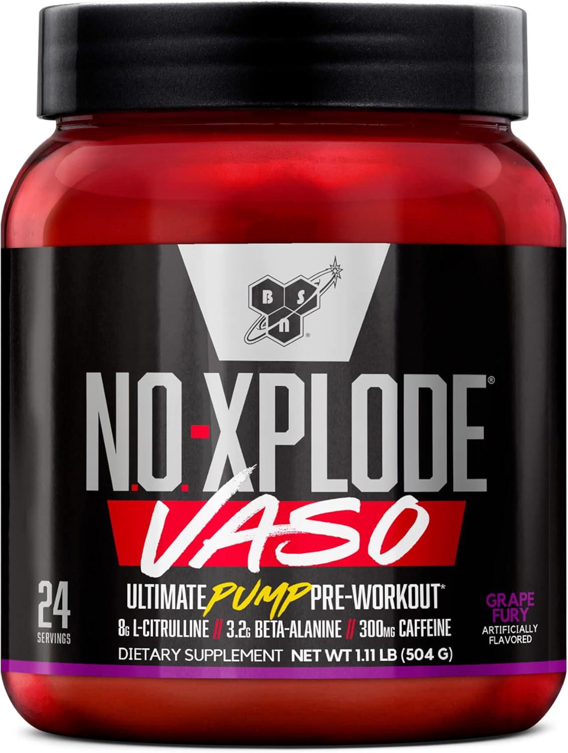 BSN N.O.-XPLODE Vaso Pre Workout Powder with 8g of L-Citrulline and 3.2g Beta-Alanine and Energy, Flavor: Grape Fury, 24 Servings