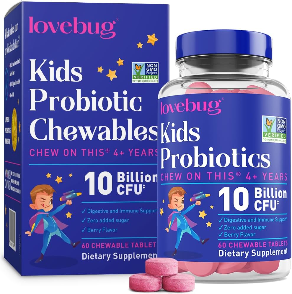 lovebug PROBIOTICS for Kids – Probiotic Chewables with Prebiotic Fiber for Age 4+, Daily Children’s Gut Health, Constipation, Digestive & Immune Support Supplement, Sugar-Free Berry Flavor, 60 ct