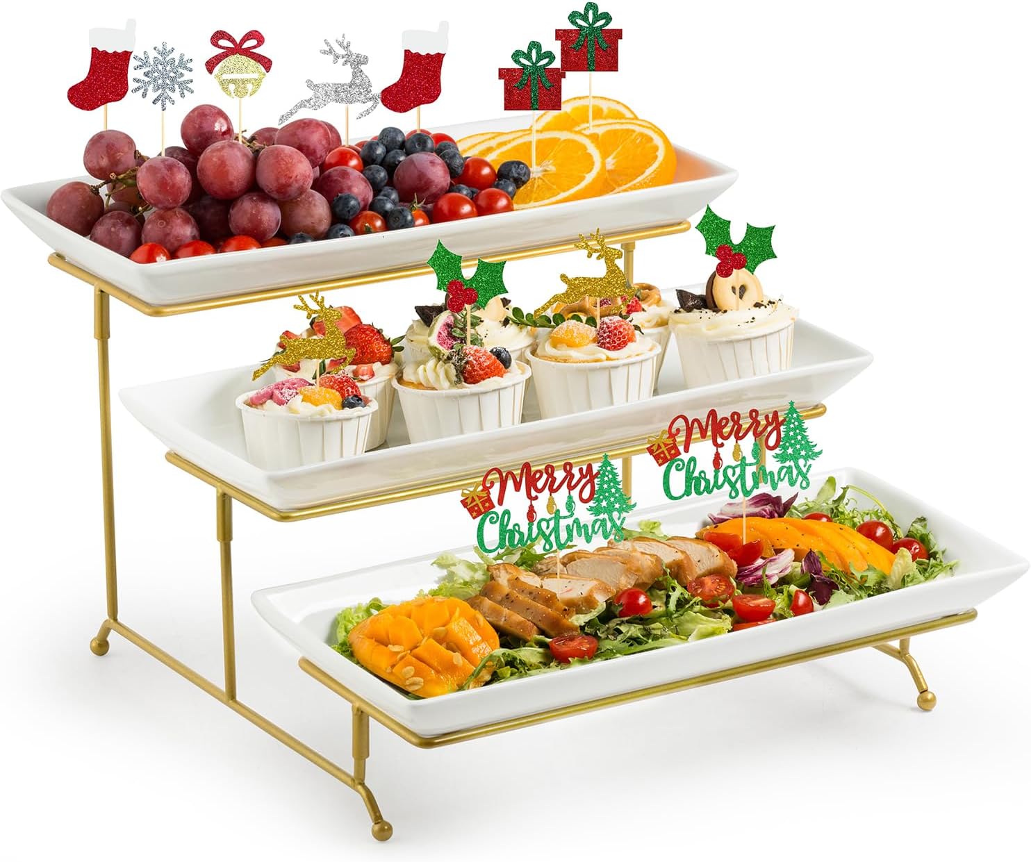 LAUCHUH Large 3 Tier Serving Stand Tiered Serving Trays Collapsible Sturdier Rack with 3 Porcelain Serving Platters for Fruit Dessert Presentation Thanksgiving Christmas Party Display Set, 14 Inch