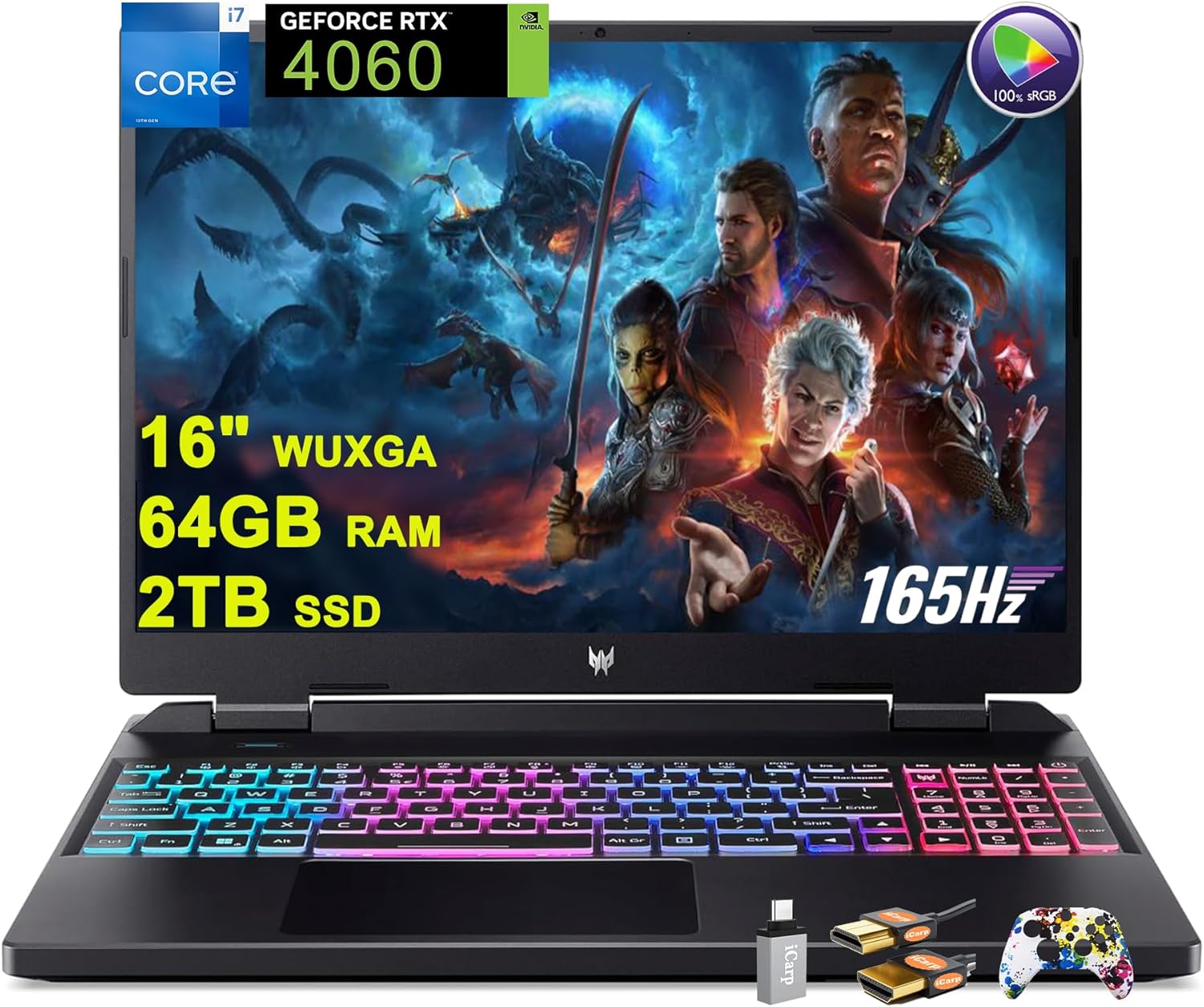 acer Predator Helios Neo 16 Gaming Laptop 16″ WUXGA IPS 165Hz (100% sRGB) Intel 14-Core i7-13650HX 64GB RAM 2TB SSD GeForce RTX 4060 8GB Graphic RGB Backlit Killer AX1650i Win11 w/ICP Accessory