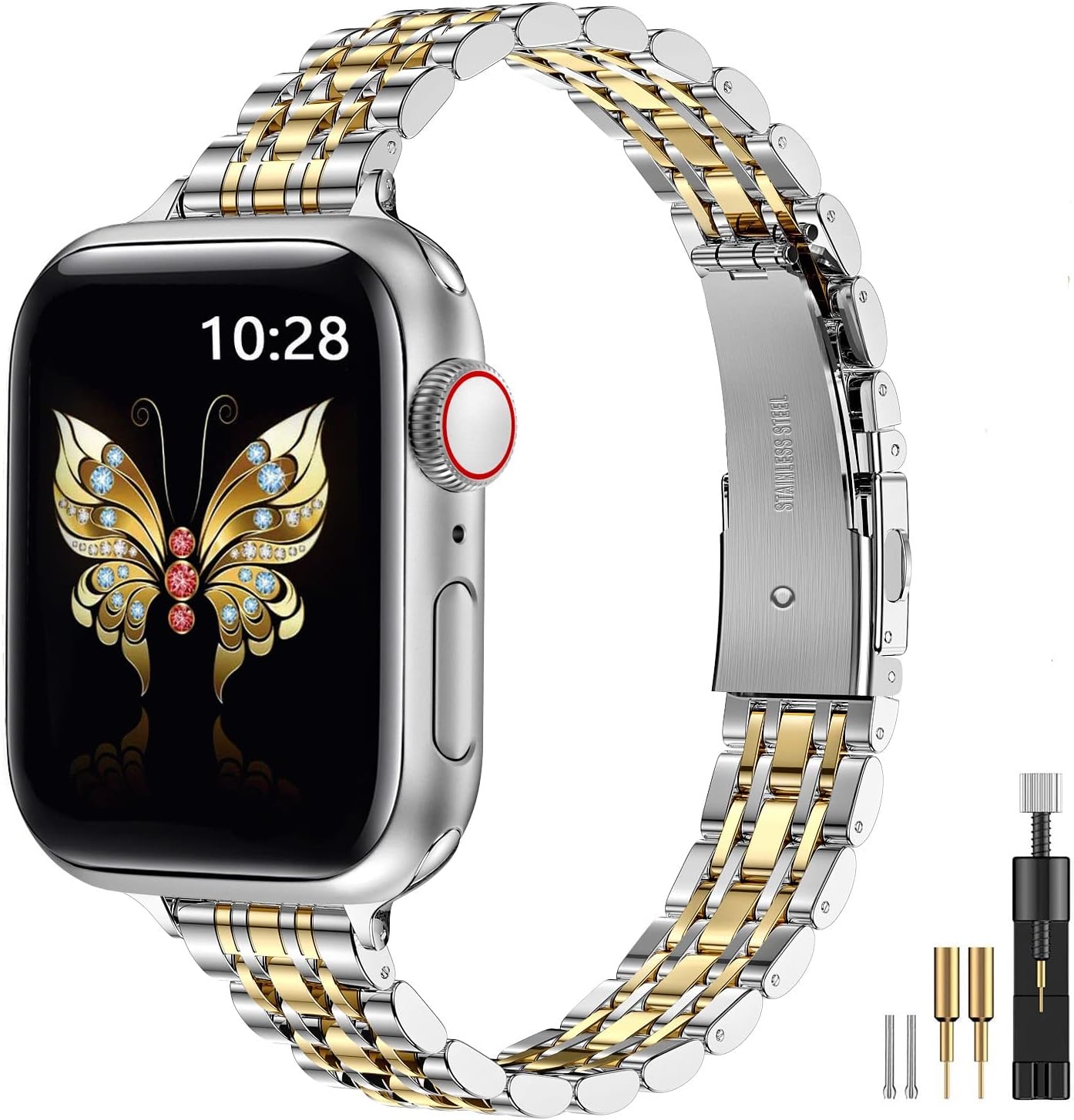 MioHHR Slim Metal Band Compatible with Apple Watch Band 49mm 46mm 45mm 44mm 42mm（Series 3/2/1）,Dressy Stainless Steel Chain Strap for Women iWatch Bands Series 10 9 8 7 6 5 4 SE Ultra 2 1,Silver/Gold