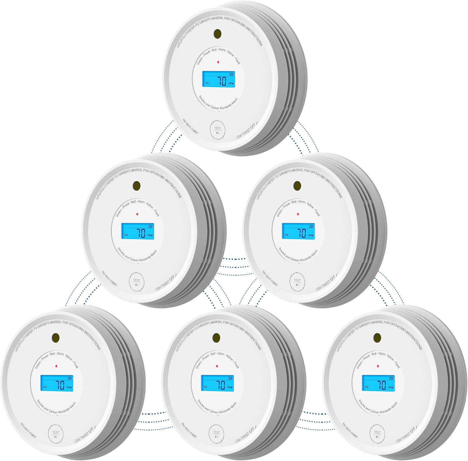 AEGISLINK Smoke Carbon Monoxide Detector, Interlinked Combination Smoke CO Alarm, Battery Powered, Wireless Interconnected, Digital Display, SC-RF220, 6-Pack