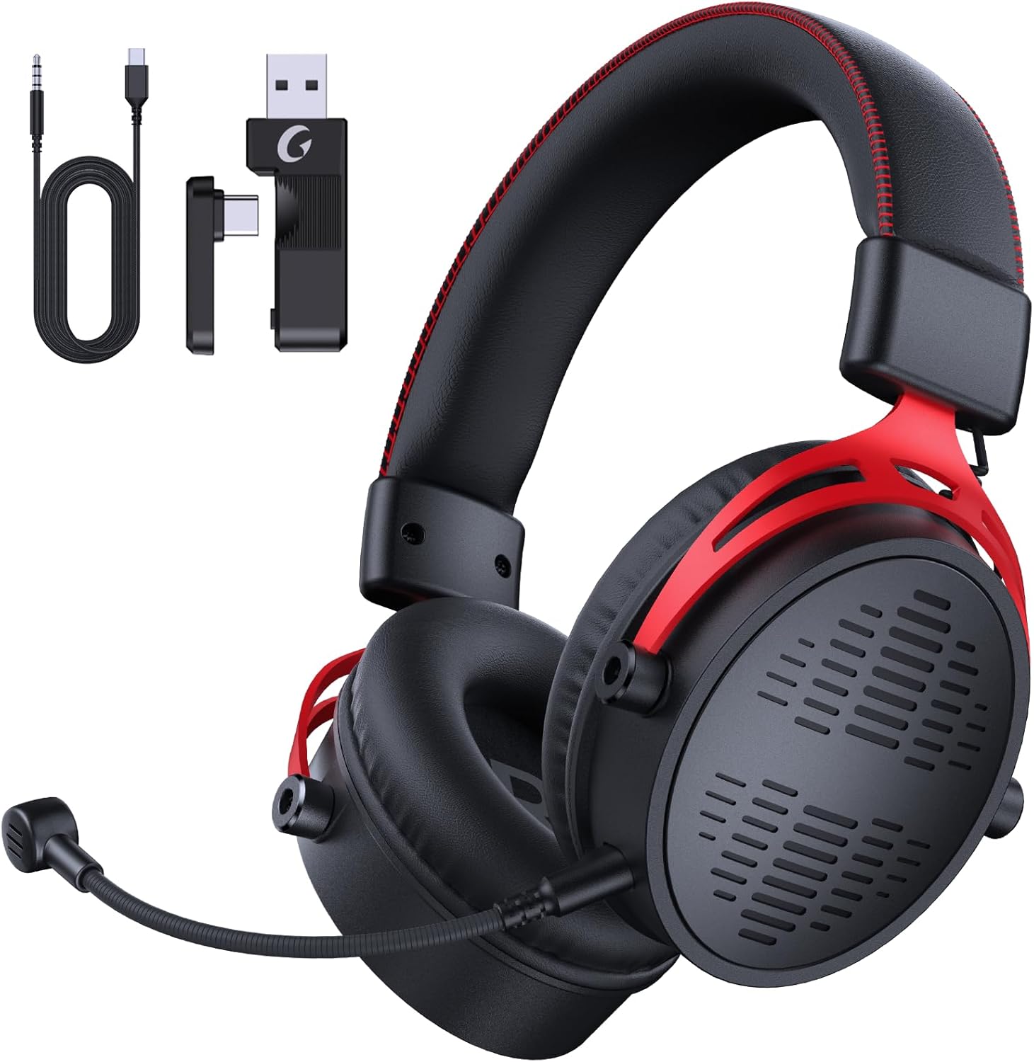 Wireless Gaming Headset, 2.4GHz Gaming Headset for PC, PS4, Switch, 60H Long Lasting Battery, Detachable Noise Cancelling Microphone, BlackRed