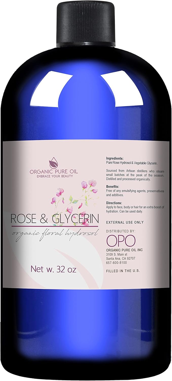 Rosewater Glycerin Mist Toner Bulk Spray Facial Body Floral Cleanser 100% Pure Rose Hydrosol Vegetable Glycerine Moisturizing Cleansing Toning Mix Face Skin Hair Body – Packaging May Vary (32 Ounces)