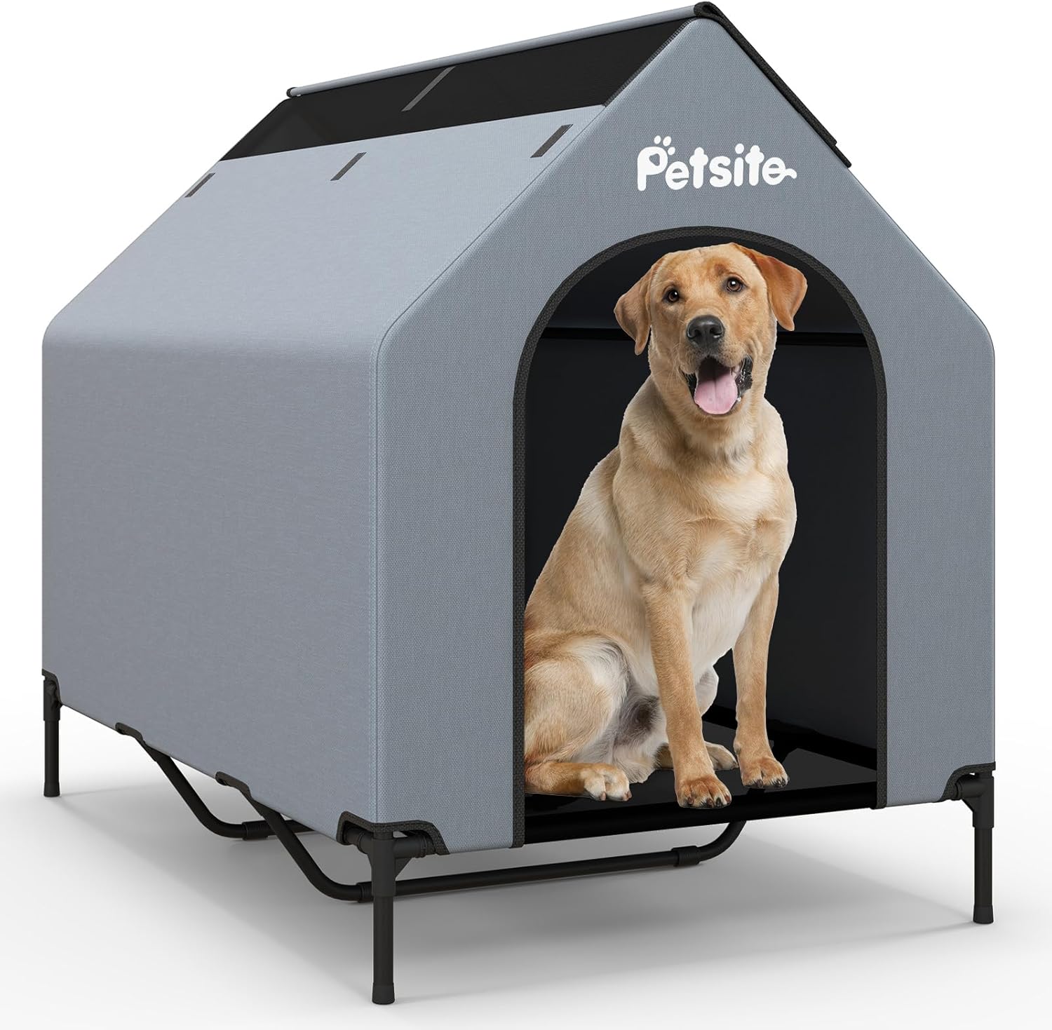 PETSITE 52 inch Dog House, Elevated Dog House Outdoor with Ventilated Windows, Removable Weatherproof 600D Oxford Canopy and Raised Mesh Dog Bed, Dog Tent, X-Large Dog House, 52 x 33 x 45 inch