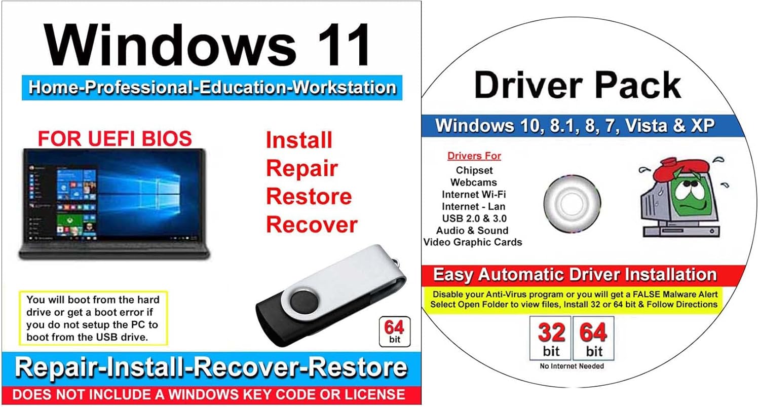 9th & Vine Compatible with Windows 11 Home, Professional, Education, Workstation 64 Bit Repair, Install, Recover & Restore USB Flash Drive- For UEFI Bios & Drivers Pack Software