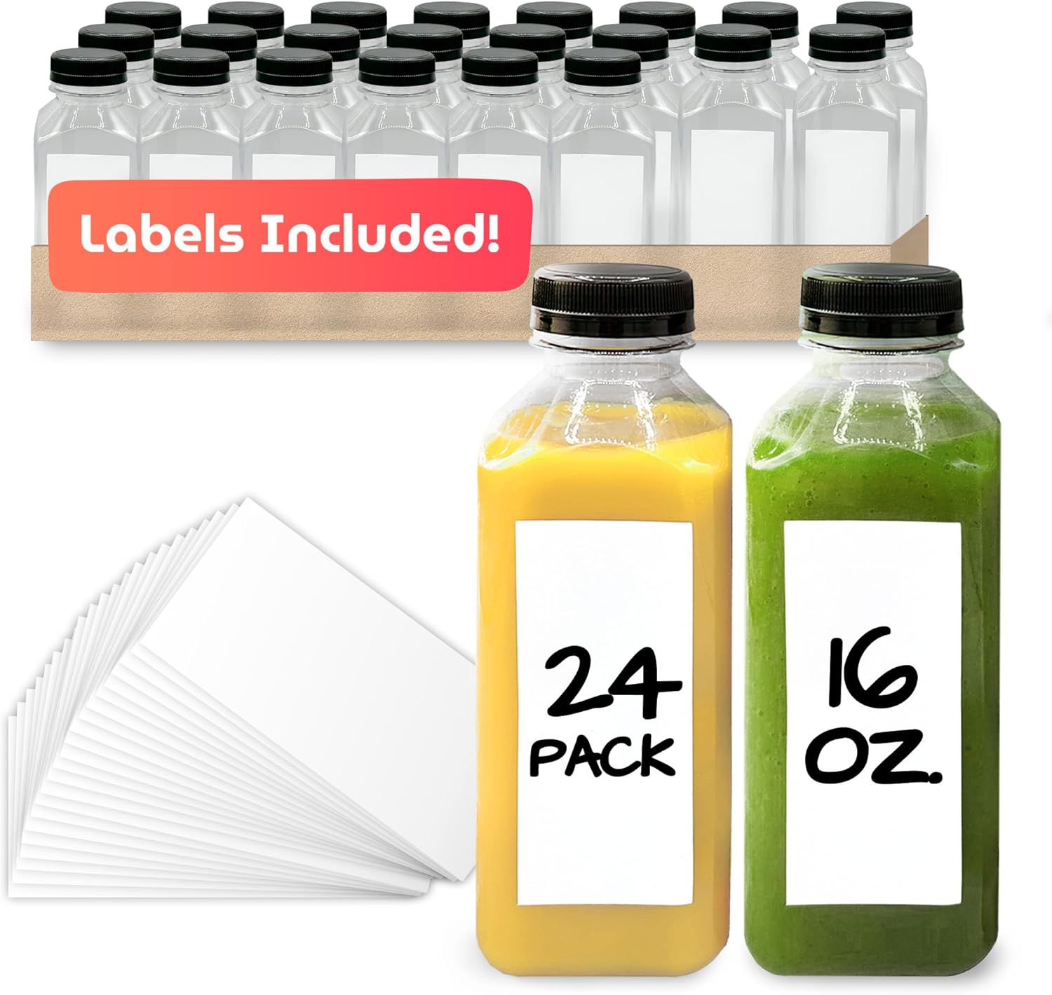 Reli. Plastic Juice Bottles [24 Bulk Pack] [16 oz] Square 16 oz Plastic Bottles with Caps & Sticker Labels | Clear Empty Bottles for Drinks 16oz | Disposable, Reusable Bottles for Juicing, Smoothies