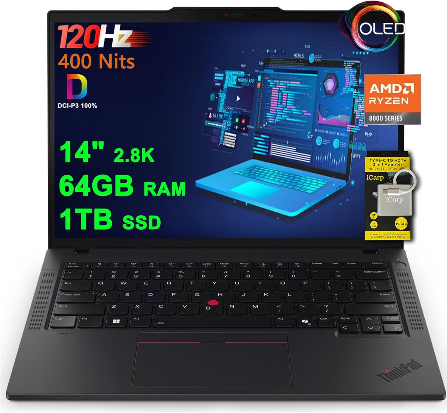 Lenovo ThinkPad P14s Gen 5 Mobile Workstation Laptop 14″ 2.8K (2880×1800) OLED 120Hz (400nits) AMD 8-core Ryzen 7 PRO 8840HS (>i7-12700H) 64GB RAM 1TB SSD Backlit Fingerprint Win11Pro w/ICP Accessory