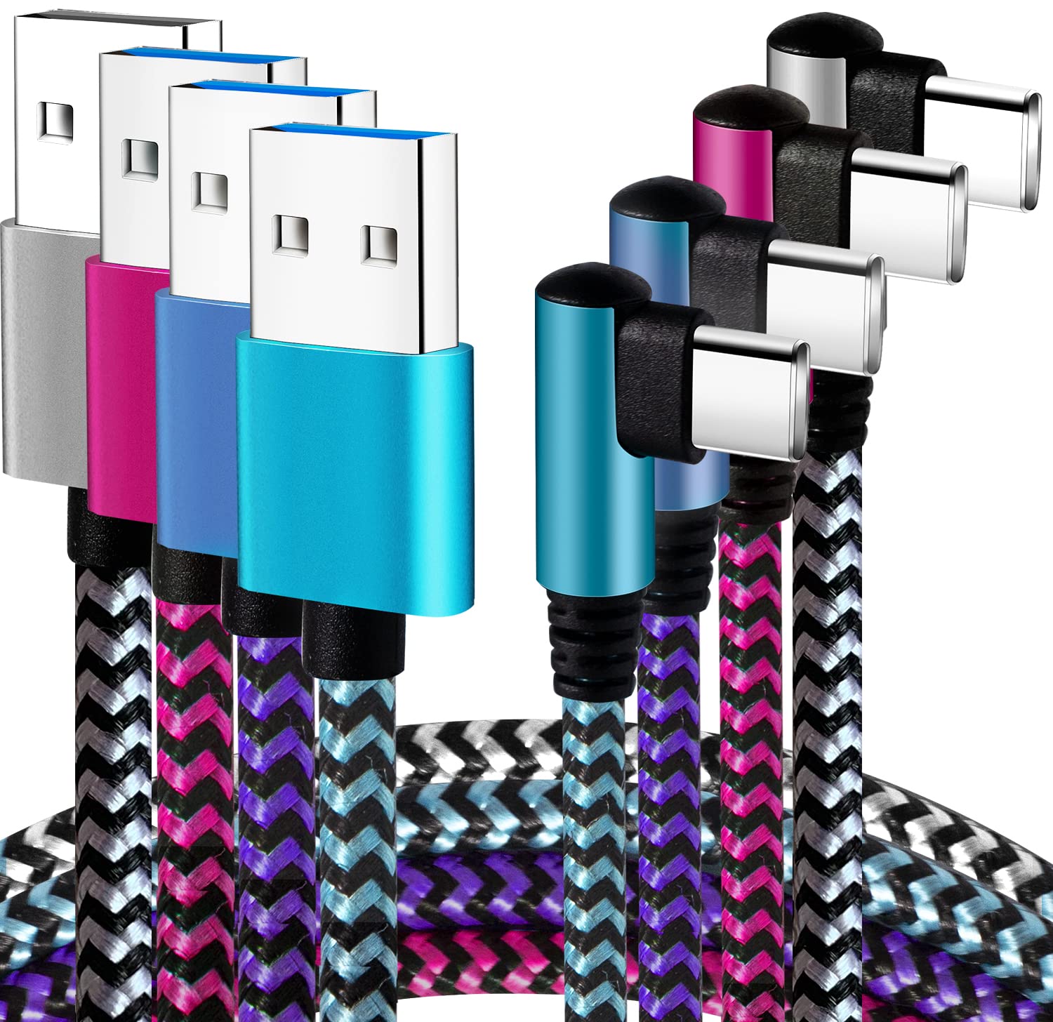 Teeind USB C Cord: [90 Degree/6ft/4Pack] Nylon USB C Cable Angle Cord Compatible with iPhone 16/16/15 Plus/16/15 Pro/16/15 Pro Samsung Galaxy S10/S10e/9/Note 10, USB C Charger Cable