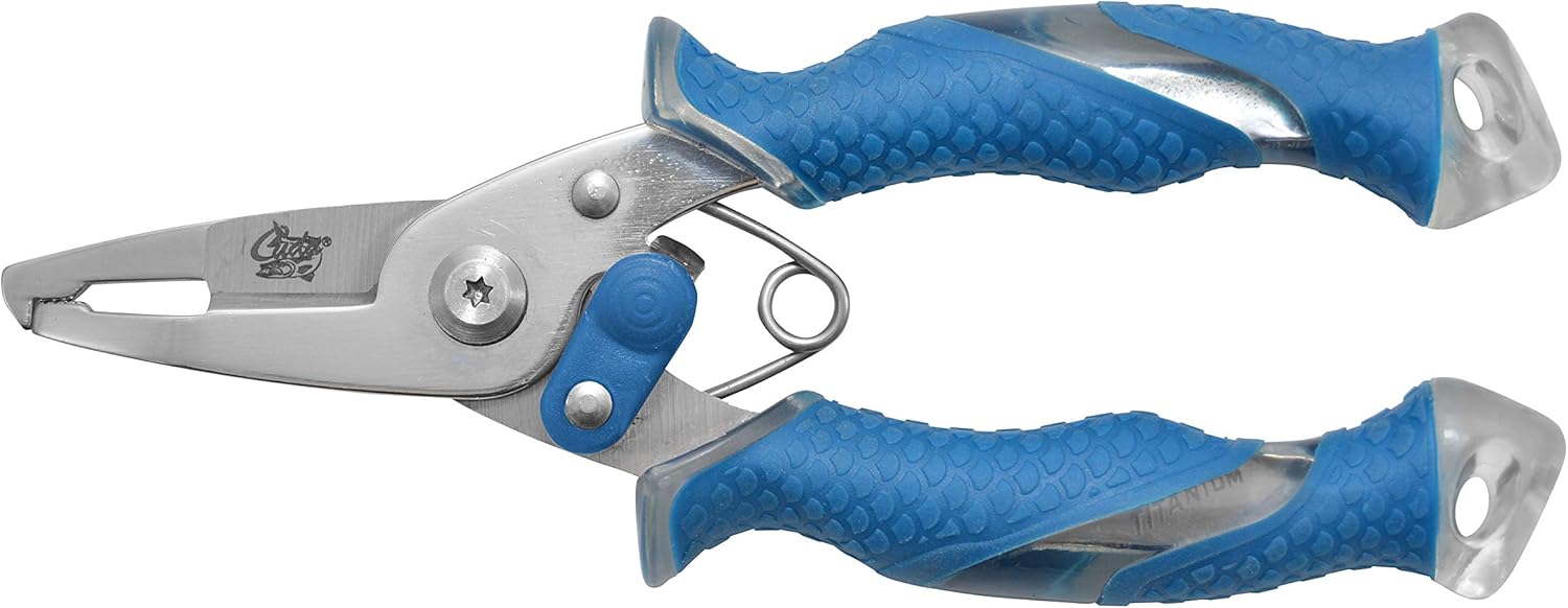 CUDA 5″ Mini Plier | Durable Steel Titanium Bonded Fishing Braid, Mono & Fluorocarbon Spring-Loaded Cutter with Non-Slip Cuda Grips | for Saltwater & Freshwater Use