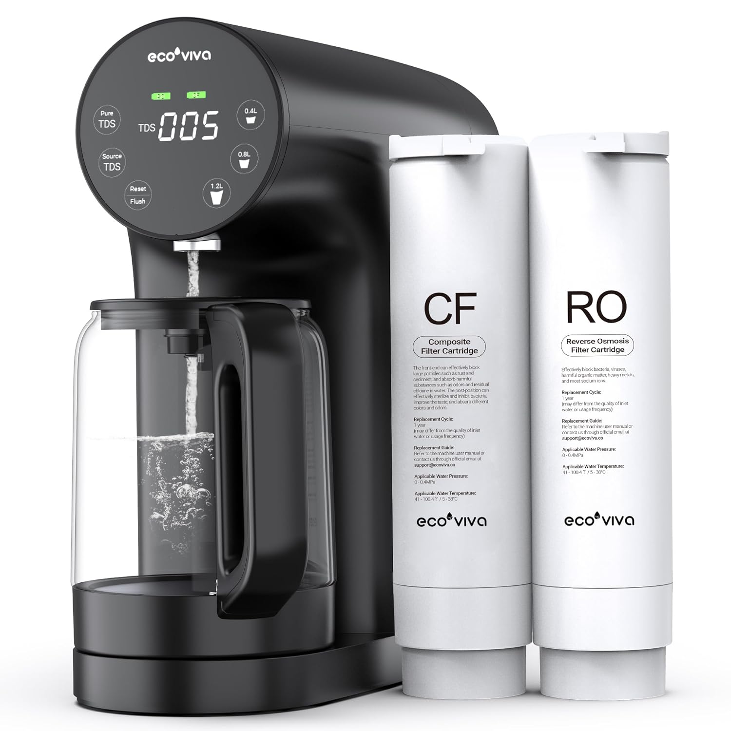 Countertop Reverse Osmosis System RO Water Filter, 5-Stage Filtration, Real-time TDS Monitor, 3:1 Pure to Drain, Zero-Installation Portable Water Purifier-Black