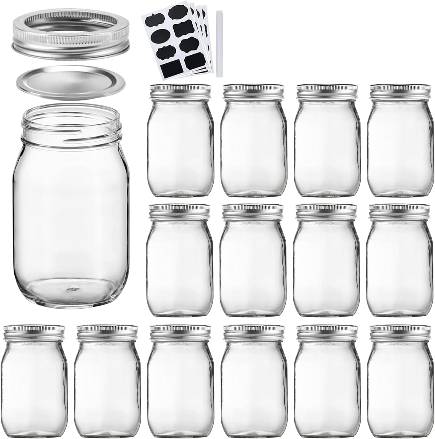 Accguan 16oz / 500ml Mason Jars with Airtight Lids, Glass Jar With Regular Lids, Clear Glass Jar Ideal for Jam,Honey,Wedding Favors,Shower Favors, Set of 15