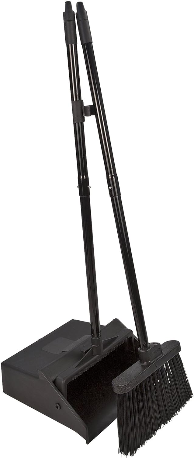 Carlisle FoodService Products Duo-Pan Upright Dust Pan and Broom Broom Set with Clip for Floor Cleaning, Restaurants, Office, And Janitorial Use, Plastic, 36 Inches, Black