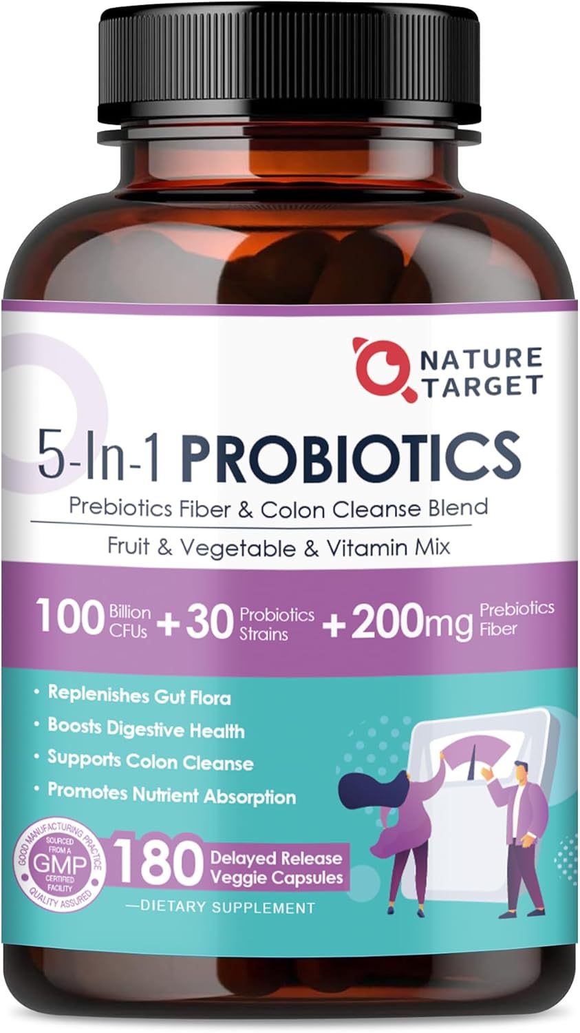 NATURE TARGET Probiotics for Women-Men Digestive Health, Mens-Womens Probiotic with Prebiotics, 100 Billion CFUs for Gut and Immune Health, 180 Veggie Capsules (90 Days Supply)