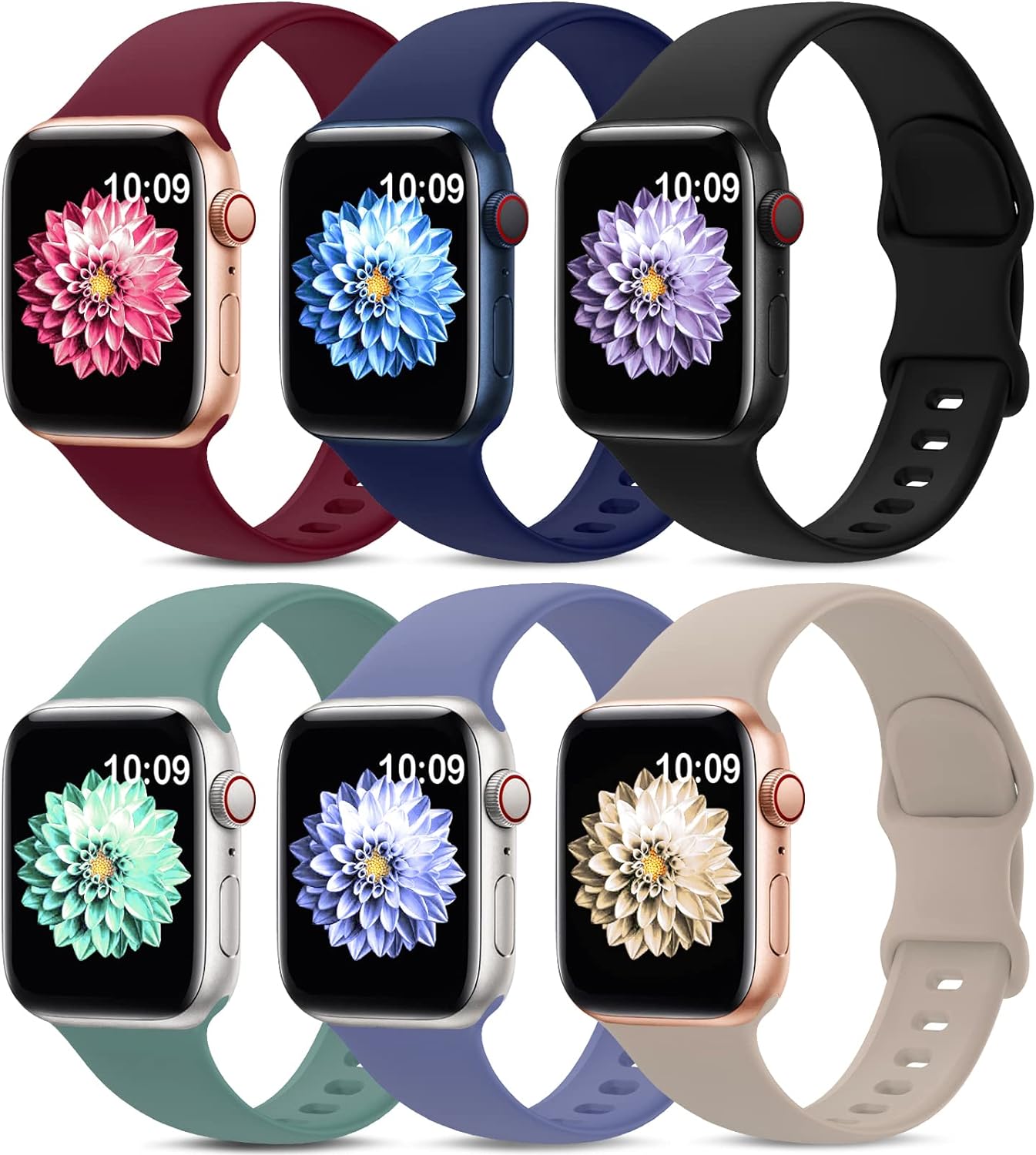 6 Pack Sport Bands Compatible with Apple Watch Band 38mm 40mm 41mm 42mm 44mm 45mm 49mm 46mm,Silicone Waterproof Strap Compatible with iWatch Apple Watch Series 10 9 Ultra 8 7 6 5 4 3 2 1 SE Women Men