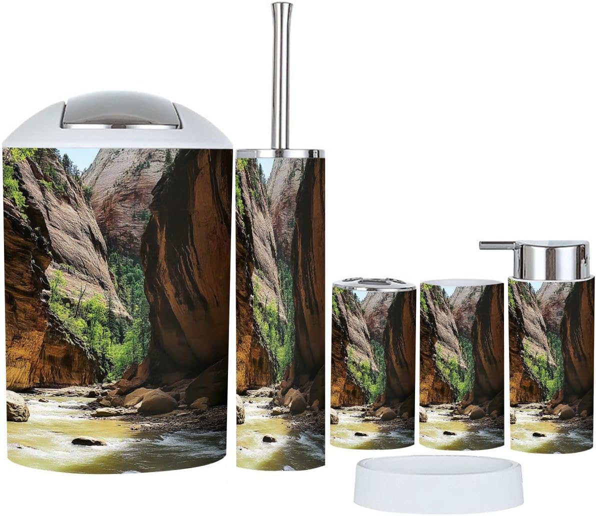 Bathroom Accessory Set 6 Piece Virgin River Zion Zion National Park Pictures Royalty Free Toothbrush Holder, Toothbrush Cup, Soap Dispenser, Soap Dish, Toilet Brush Holder, Trash can