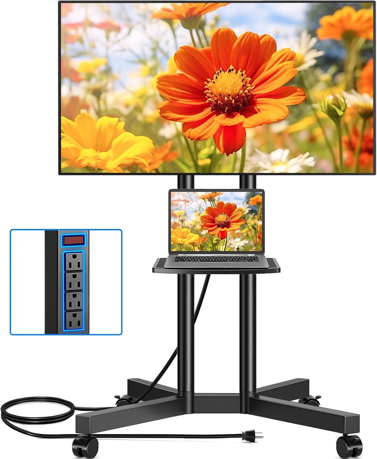 Rfiver Mobile TV Cart Rolling TV Stand with Power Outlet for 32-70 Inch Screens, Protable TV Stand on Wheels with Height Adjustment, Outdoor TV Stand Mount with Shelf Holds up to 88lbs for Home Office