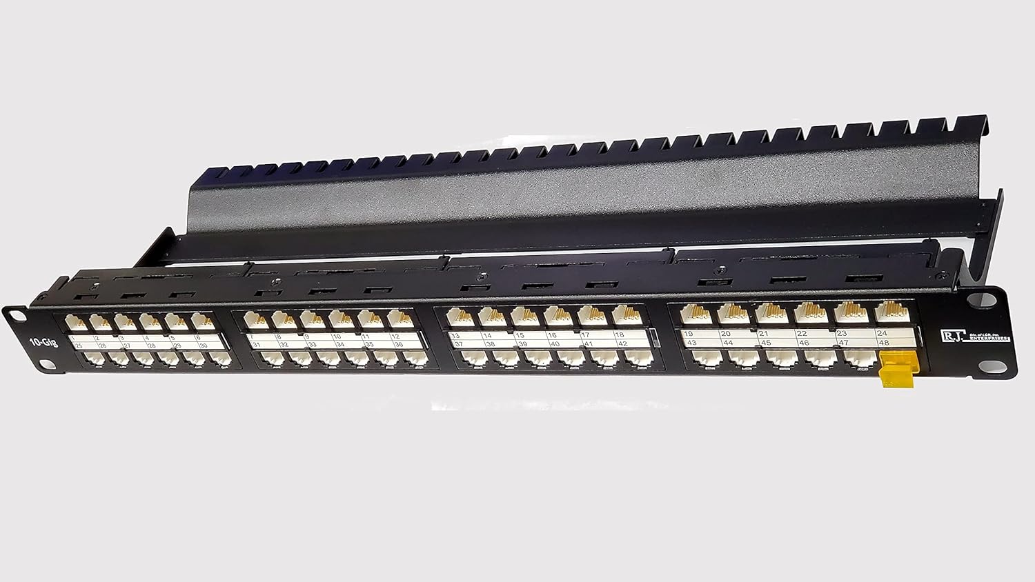 R.J. Enterprises®-HDPP-48-C6, Patch Panel-48 Port-ONE U (No Punch Down,No faulty Coupler,) 10G-Gigabit Ethernet, Tool-Less, Feed Through, High Density Rack Mount-Edge-Telecom Room, PoE+ Compliant.