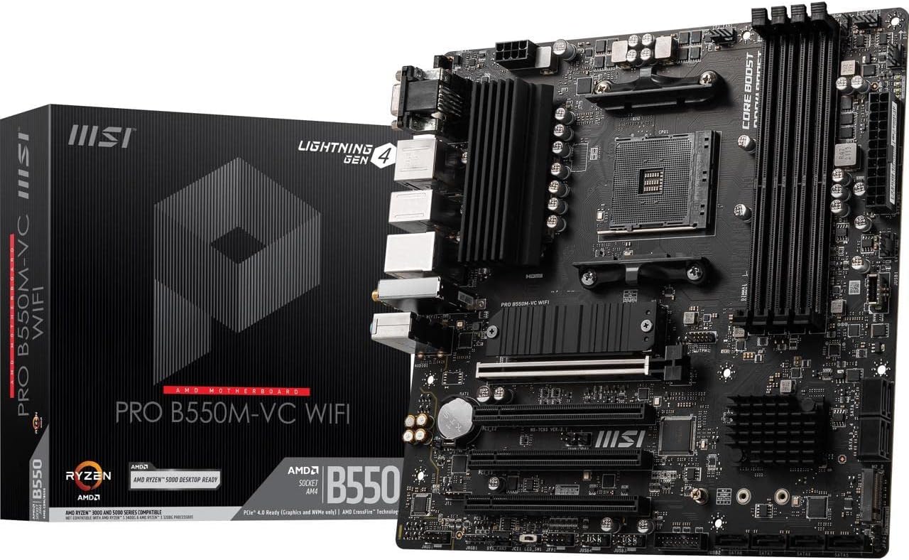 MSI PRO B550M-VC WiFi ProSeries Motherboard (AMD Ryzen 5000 Series, AM4, DDR4, PCIe 4.0, SATA 6Gb/s, M.2, USB 3.2 Gen 2, HDMI/DP, Wi-Fi 6E, Bluetooth 5.2, mATX)