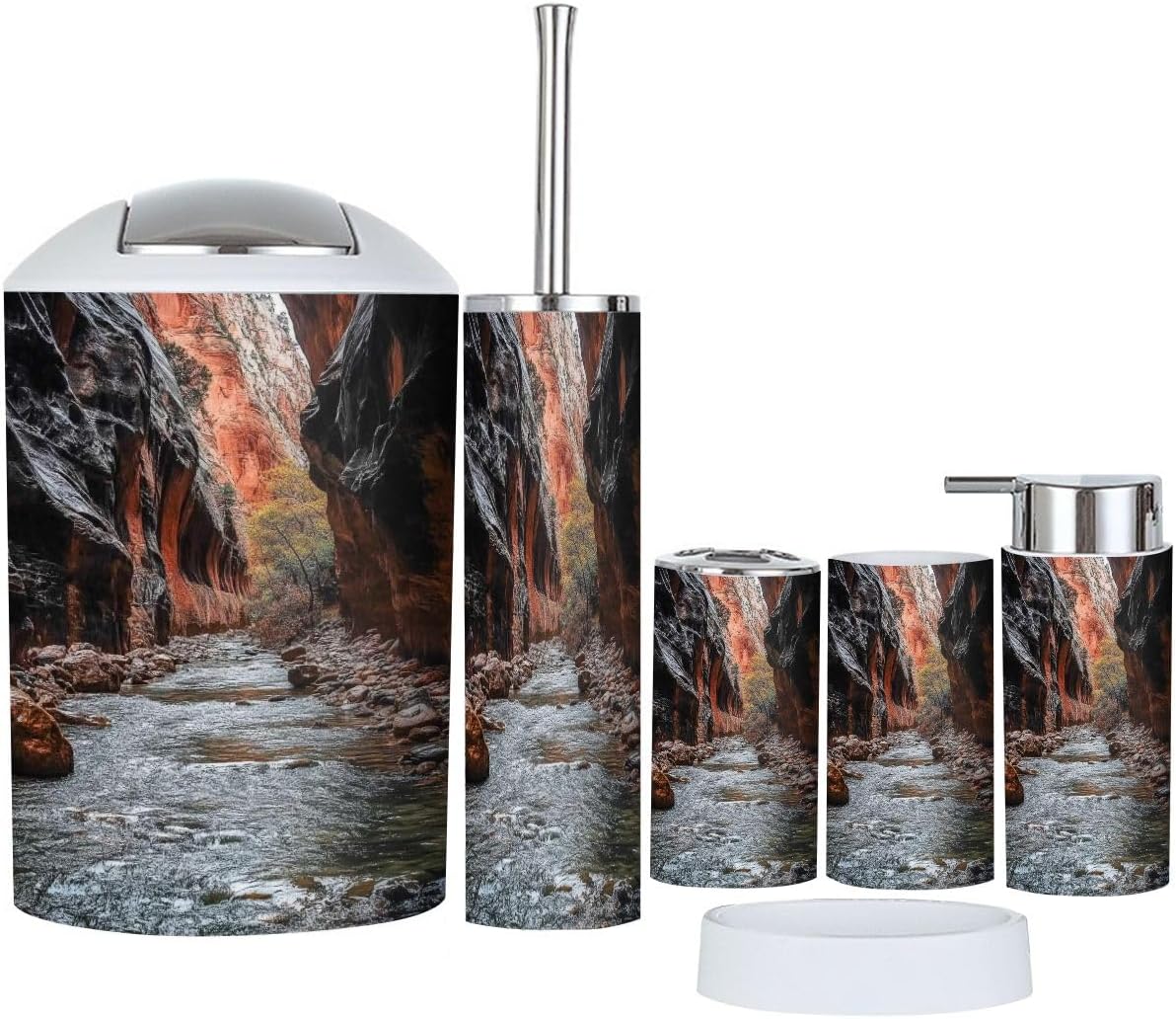 Bathroom Accessory Set 6 Piece The Narrows Zion Toothbrush Holder, Toothbrush Cup, Soap Dispenser, Soap Dish, Toilet Brush Holder, Trash can