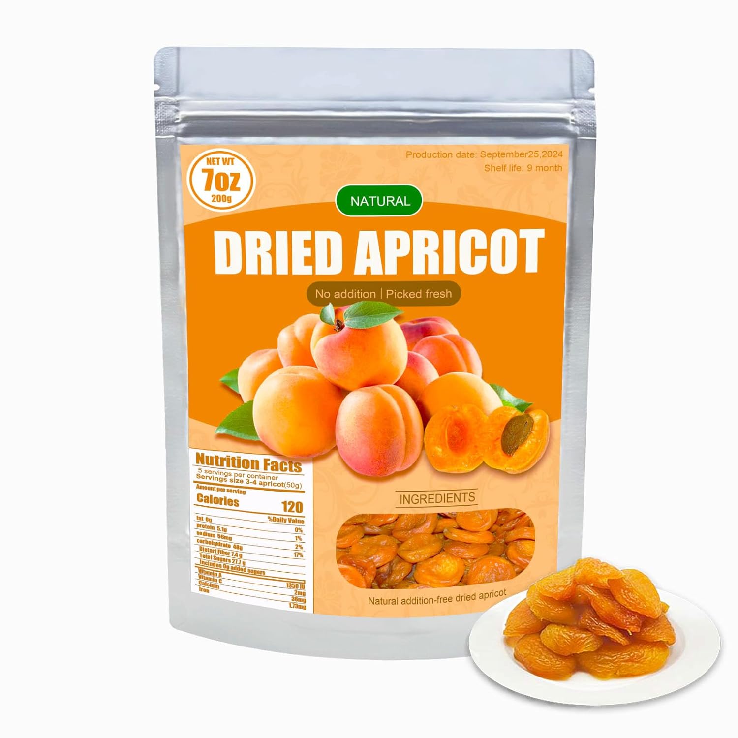 Dried Apricots No Sugar Added （7OZ）,Dried Fruit,Fruit In Bags,Healthy Diet Snacks,Natural,Vegan,Resealable Bag