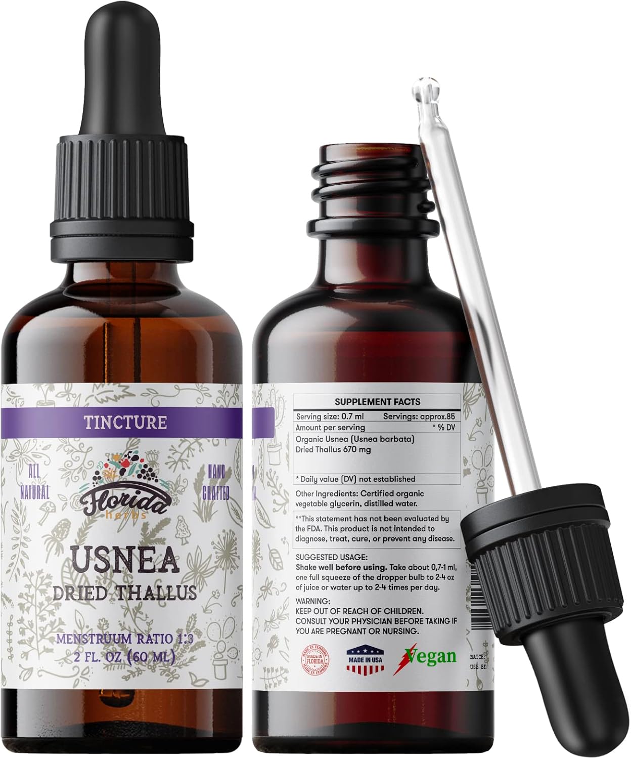 Usnea Tincture Alcohol Free, Organic Usnea Extract (Usnea barbata) Dried Thallus Herbal Supplement, Non-GMO in Cold-Pressed Organic Vegetable Glycerin, 700 mg, 2 oz (60 ml)