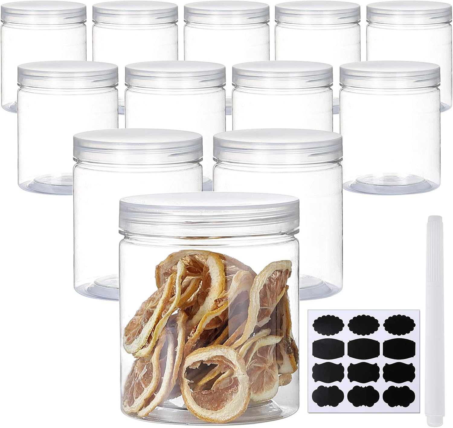 16 OZ Plastic Jars with Lids, 12 Pack Clear Plastic Slime Containers for Kitchen and Household Food Storage of Dry Goods, Creams and More,Included Extra Label and A Pen