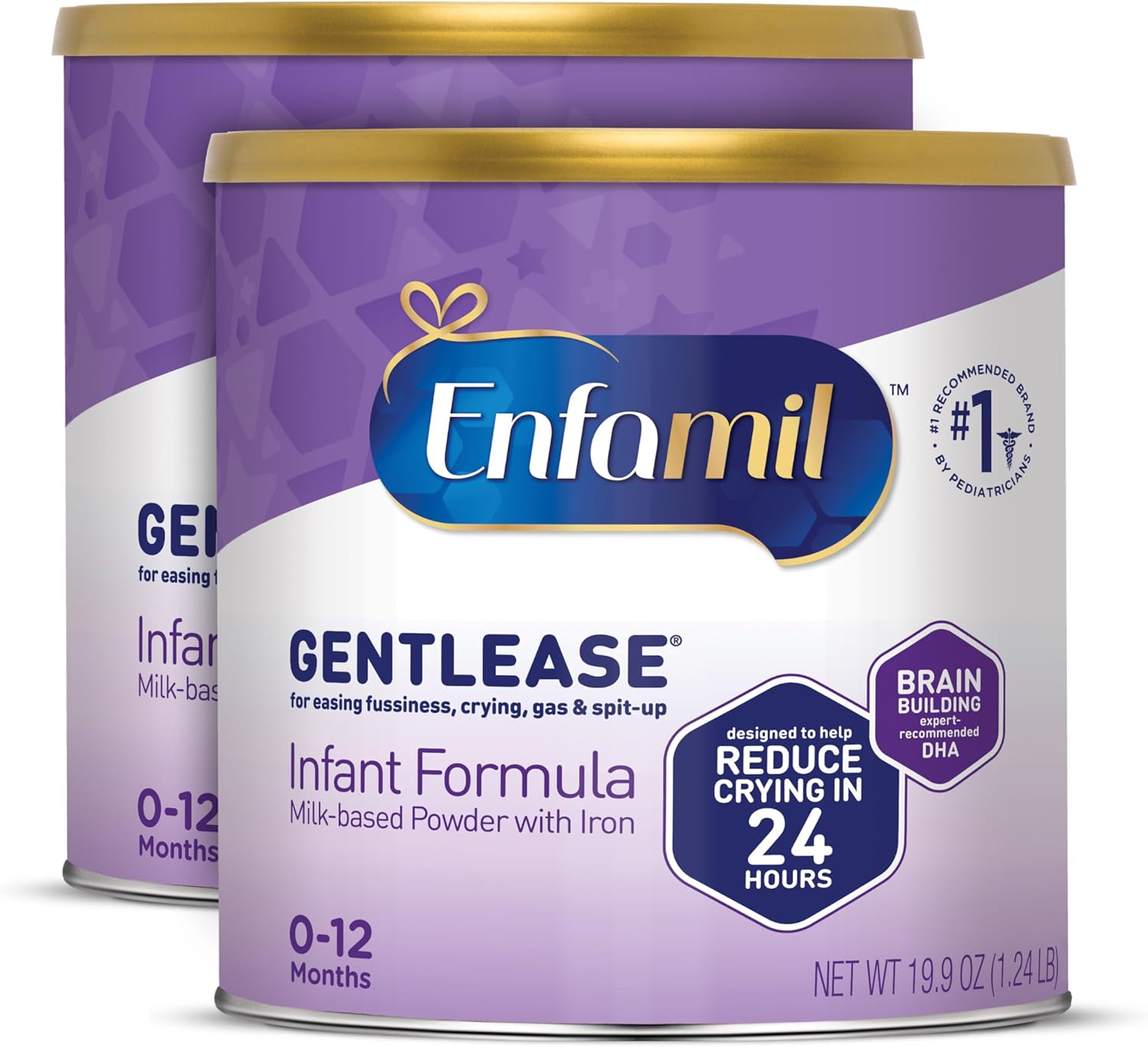 Enfamil Gentlease Baby Formula, Clinically Proven to Reduce Fussiness, Crying, Gas & Spit-up in 24 hours, Brain-Building Omega-3 DHA & Choline, Baby Milk, 19.9 Oz Powder Can​ (Pack of 2)