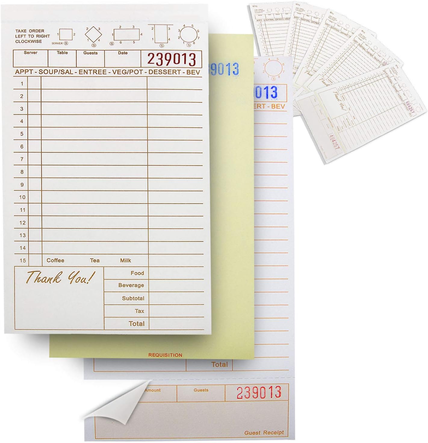 FMP Brands 3 Part Carbonless Guest Checks Pads, Perforated Server Note Pads Paper Total 250 sheets for Waitress Book, Waiter Food Receipt, and Business Checkbook with Guest Receipt