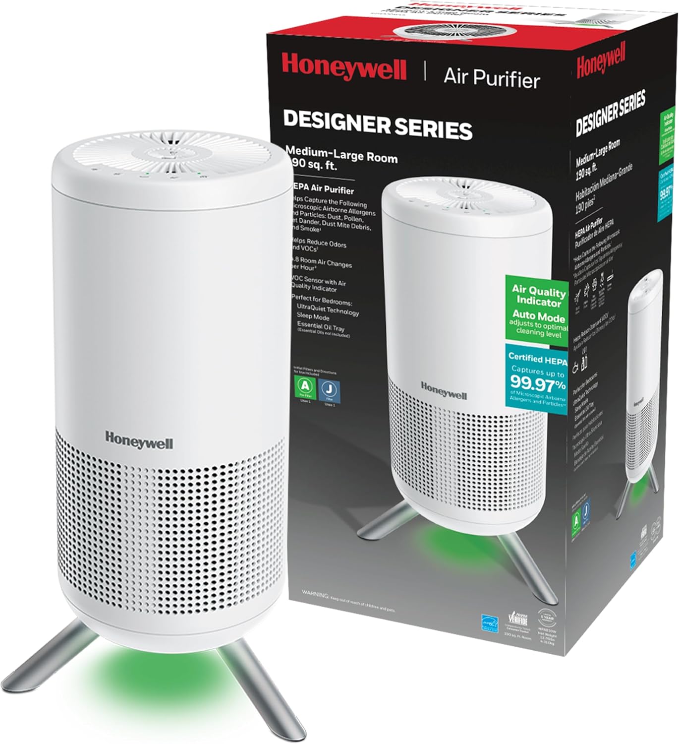 Honeywell HEPA Air Purifier Tower, Medium Rooms, Bedrooms, Home (190 sq ft), White – Features Intelligent Auto Mode and UltraQuiet Technology – Reduces Airborne Allergens, Smoke, Pollen, HPA830W