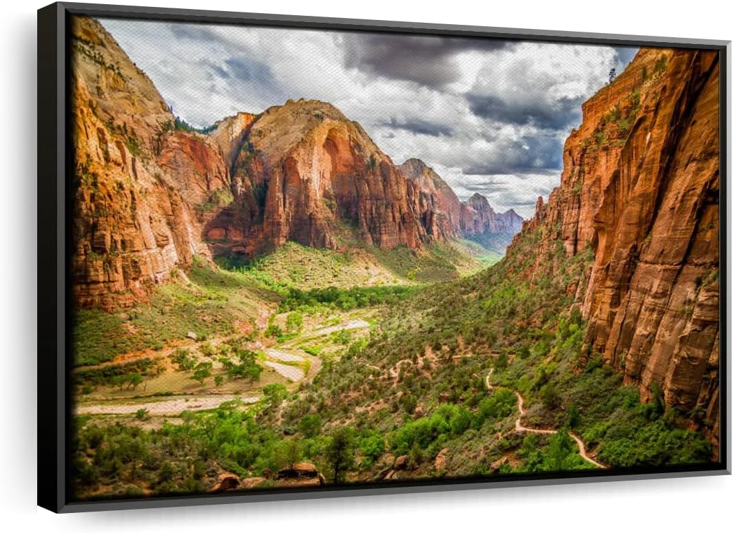 Elephant Stock Zion National Park Mountainscape Wall Art – Horizontal Floating Framed Canvas – 1-Piece Living Room Wall Decor – Photography Nature Canvas Print – Blue and Brown Decor for Wall – 43″ X 29″