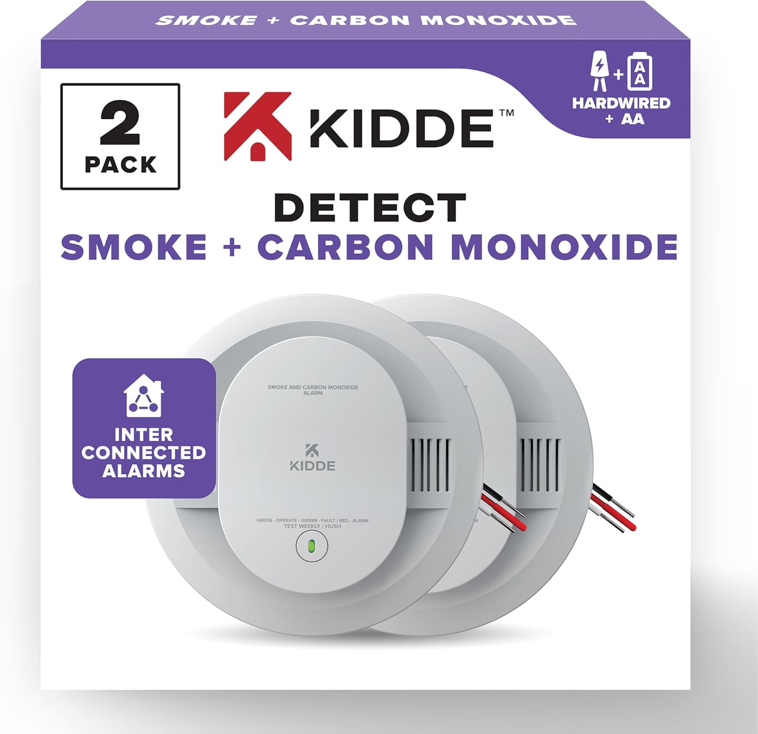 Kidde Hardwired Smoke & Carbon Monoxide Detector, AA Battery Backup Smoke Alarm, Interconnectable, LED Warning Light Indicators, 2 Pack