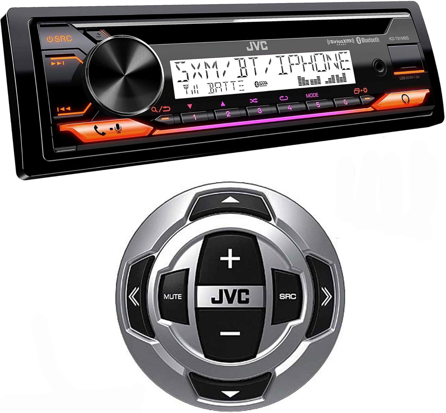 JVC KD-T91MBS Marine Stereo w/CD, BT, USB, SiriusXM Ready, Amazon Alexa + RM-RK62M Wired Marine Remote Control