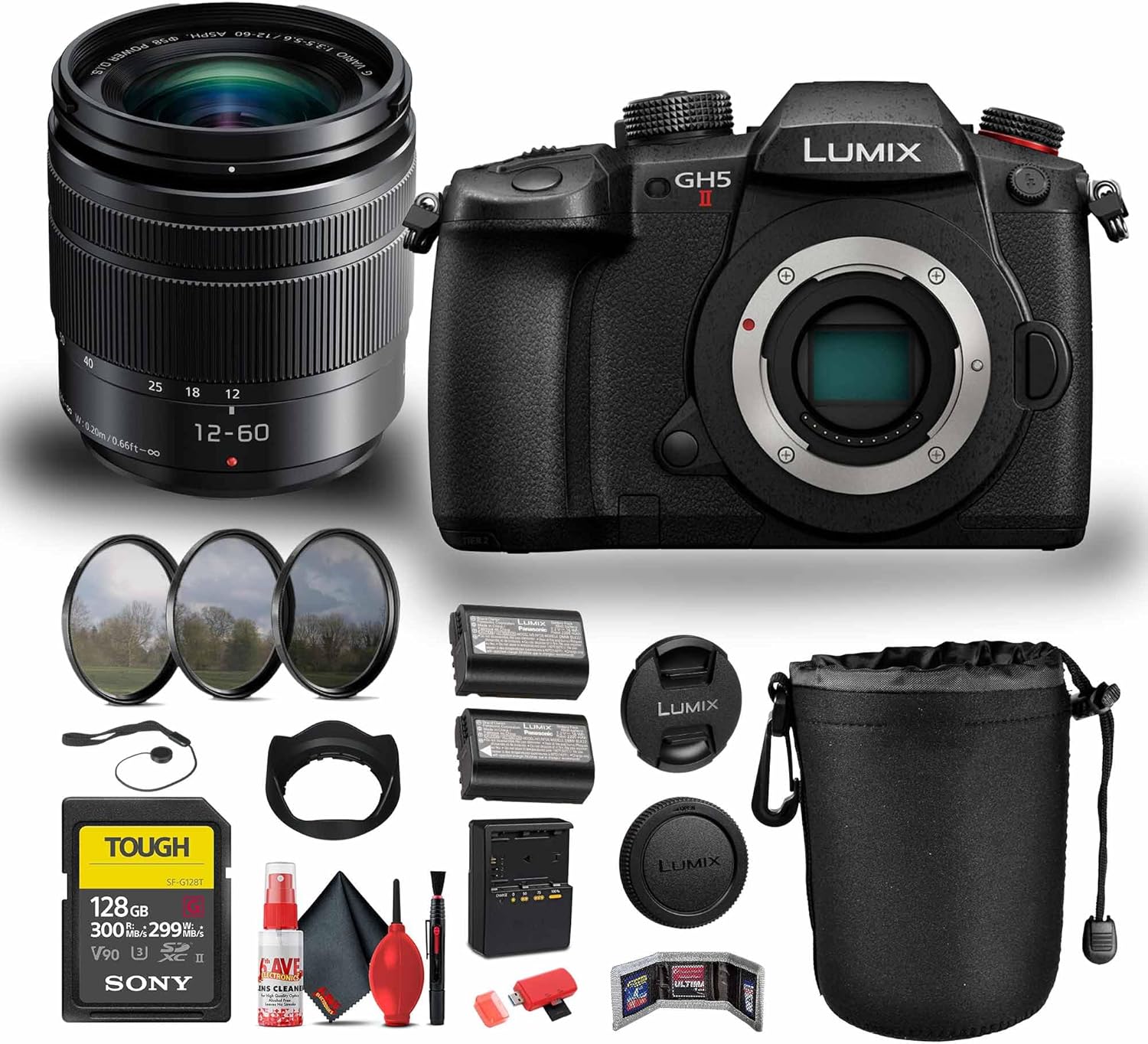 Panasonic Lumix GH5 II Mirrorless Camera with 12-60mm f/3.5-5.6 Lens (DC-GH5M2K) Bundle Including: 128 GB Memory Card, 3-Piece Filter Kit, 2X Battery, Battery Charger, Full Cleaning Kit, and More