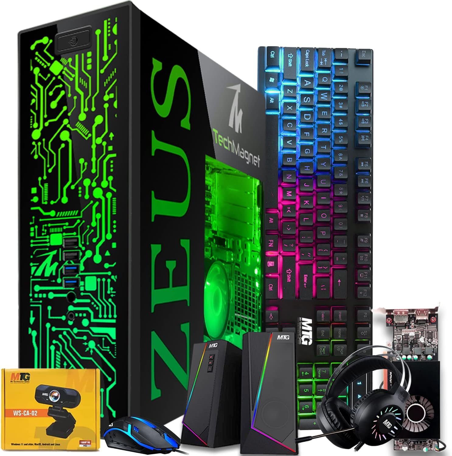 TechMagnet Gaming Desktop PC, Intel i5 6th Gen, Zeus Pro 6, RX 550, 16GB RAM, 256GB SSD + 2TB HDD, RGB Keyboard Mouse, Speaker, Headphone, Webcam, Win 10 Pro (Renewed)