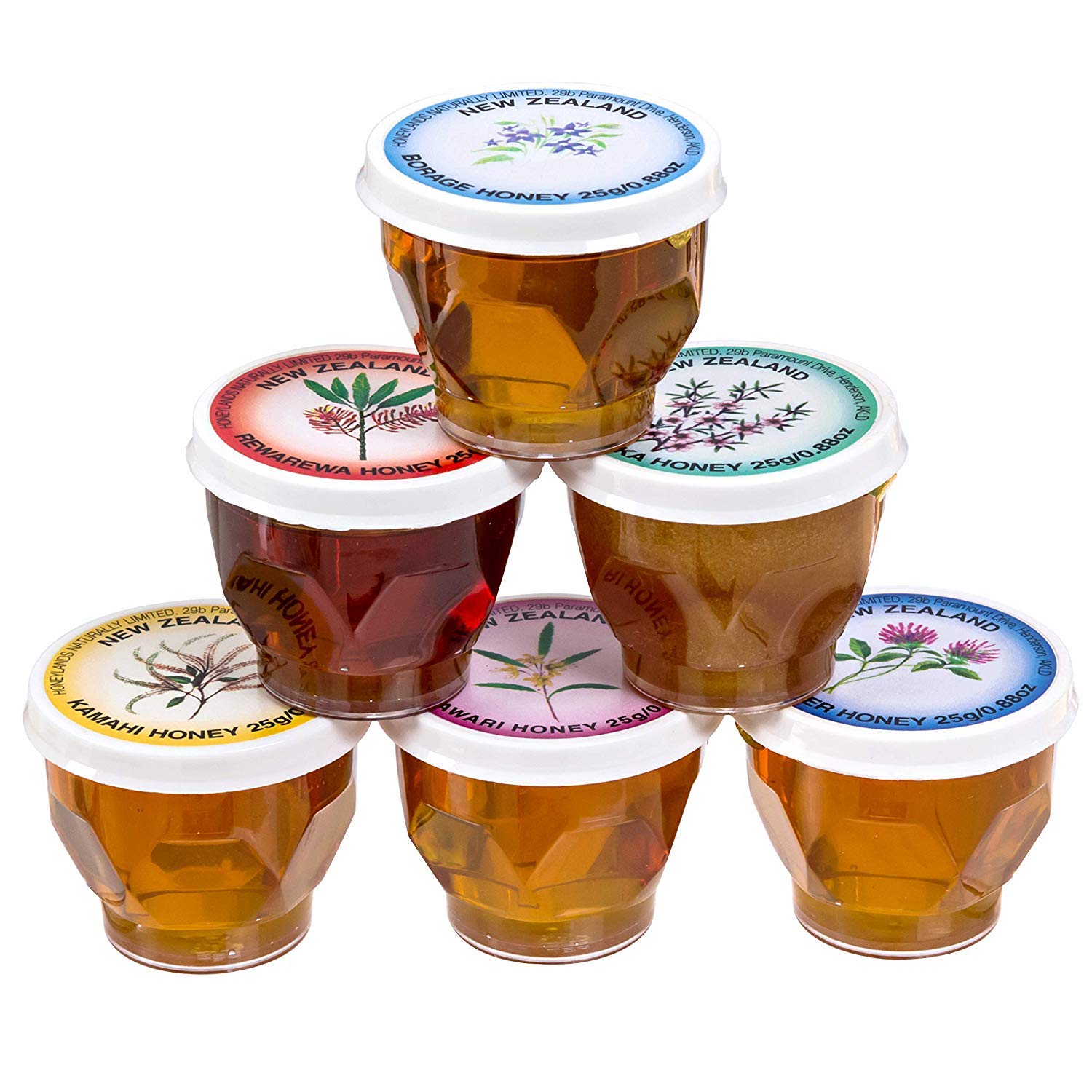 HONEYLANDS NATURALLY Pure Honey Set of 6 – Manuka, Clover, Kamahi, Borage Tawari, and Rewarewa – Unfiltered Honeys from New Zealand – Natural Pure Honey – 20 grams/0.88oz Each