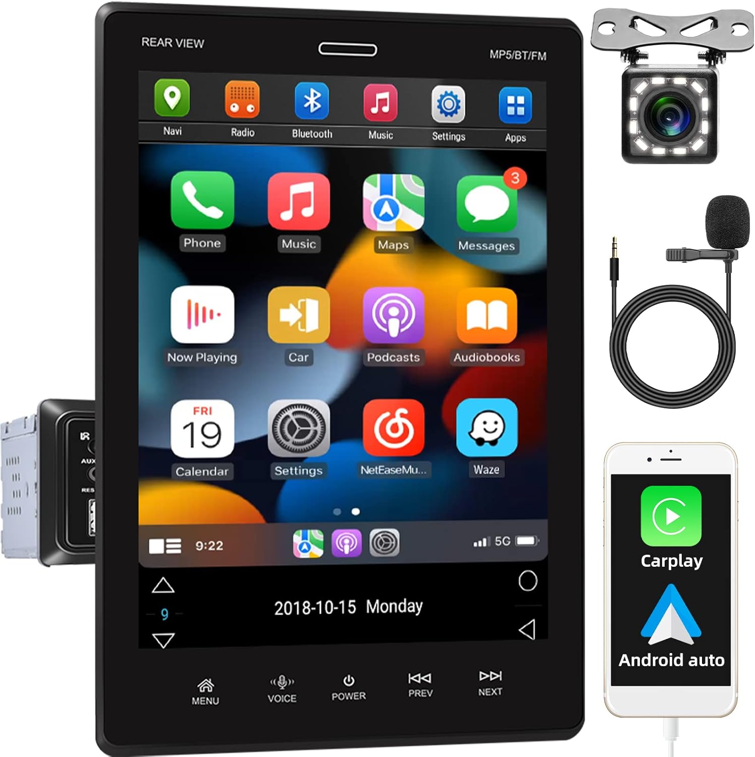 Podofo Single Din Car Radio Support Carplay Android Auto 9.5 Inch Rotatable Touch Screen Car Stereo with Mirror Link Bluetooth FM Support TF/USB Rear View Camera Steering Wheel Controls