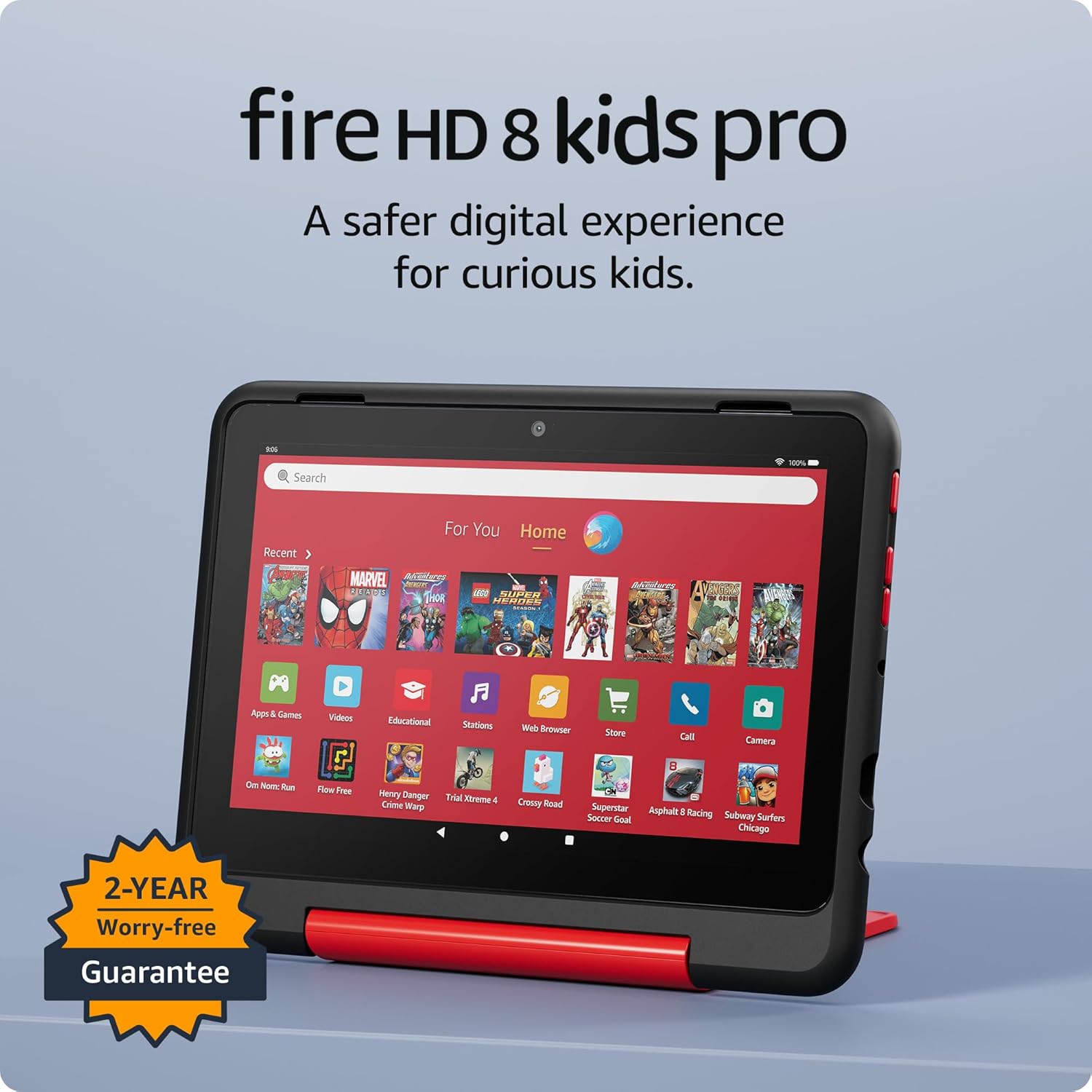 New Amazon Fire HD 8 Kids Pro tablet, ages 6-12. Bright 8″ HD screen, includes ad-free content, parental controls, 13-hr battery, slim case for older kids, 32GB, Marvel Avengers, (2024 release)