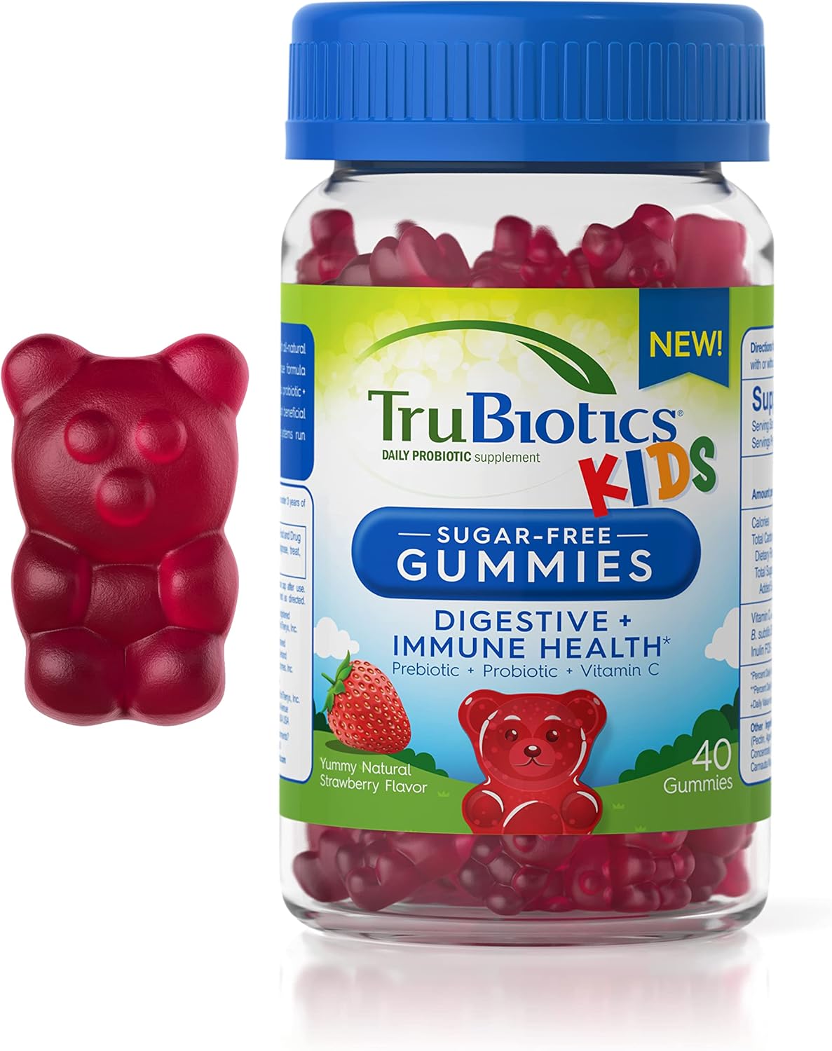 TruBiotics Probiotics for Kids with Prebiotics & Vitamin C, Sugar-Free Gummies for Digestive & Immune Health Support, Chewable Kids Probiotic Supplement, Natural Strawberry Flavor, 40 Gummies