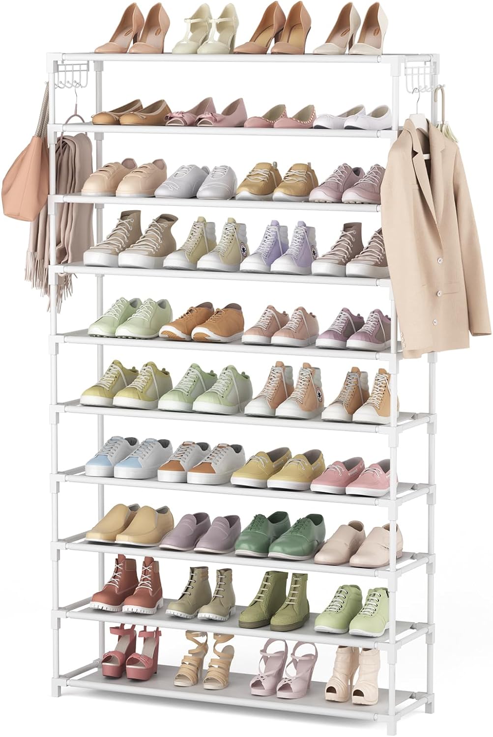 10 Tiers Shoe Rack 50 Pairs Large Capacity Tall Shoe Organizer Sturdy Shoe Storage with Two Hooks Space Saving Metal Wide Shoe Rack for Closet, Entryway, Bedroom, White