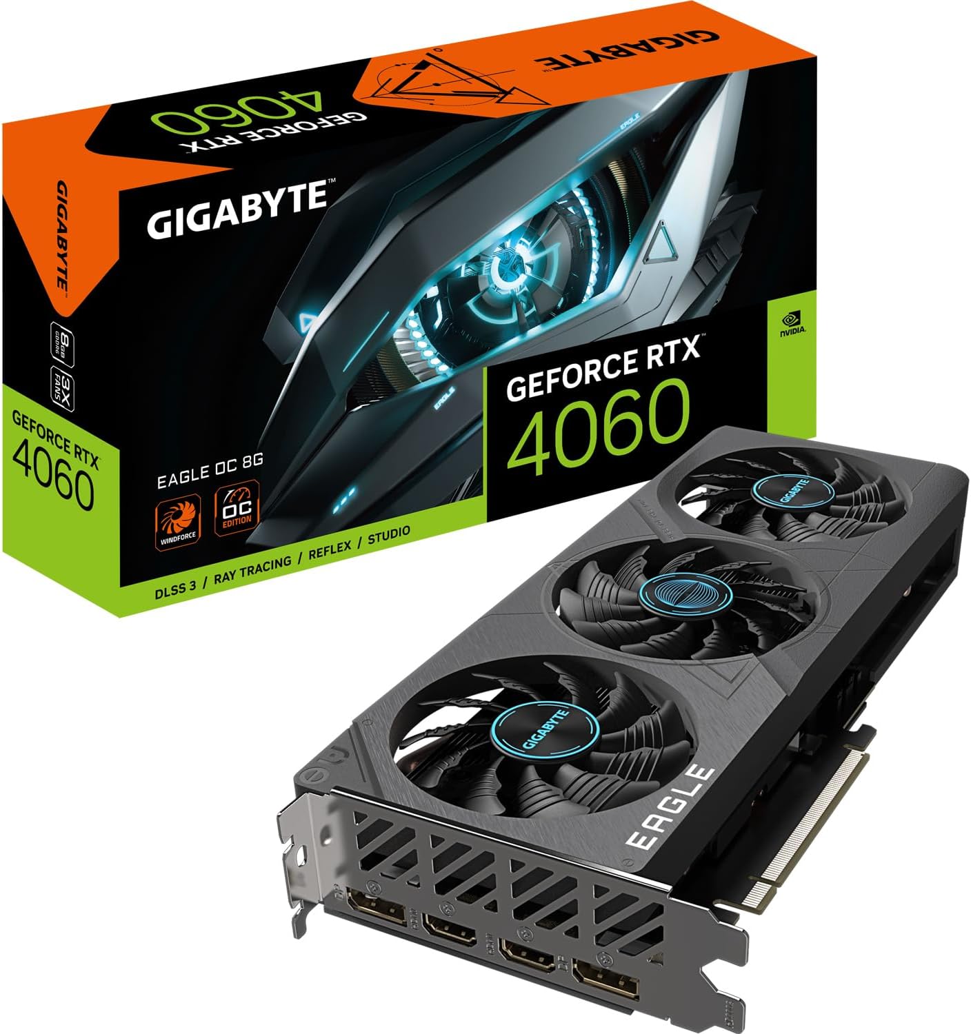 GIGABYTE NVIDIA GeForce RTX 4060 Eagle OC Graphics Card – 8GB GDDR6, 128-bit, PCI-E 4.0, 2505MHz Core Clock, 2X DP 1.4, 2X HDMI 2.1a, NVIDIA DLSS 3 – GV-N4060EAGLE OC-8GD