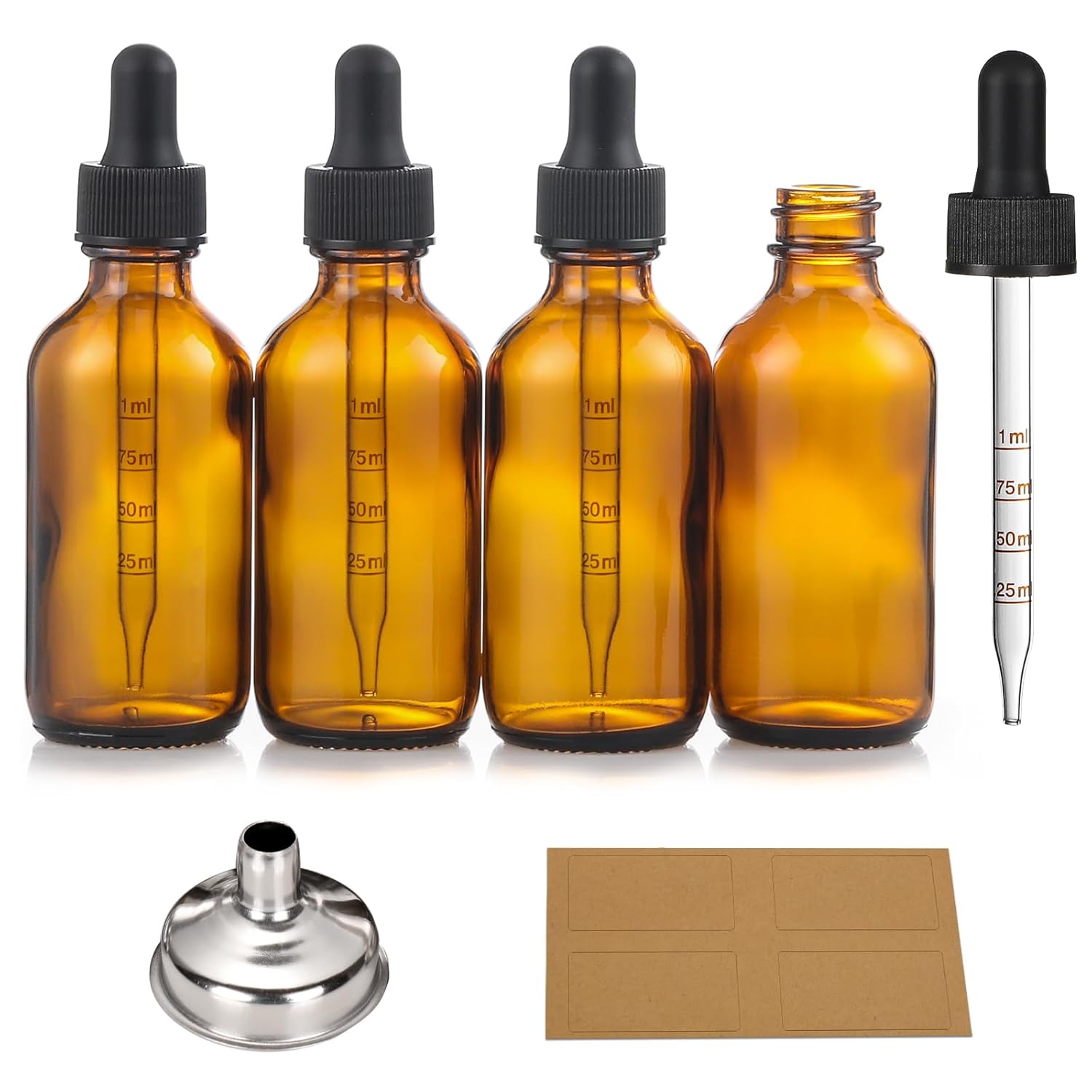 4 Pack 1 oz Glass Dropper Bottles with Measured Dropper – 30ml Dark Amber Tincture Bottles with Graduated Calibrated Glass Eye Droppers (1ml) for Essential Oils, Liquids – Leakproof Travel Bottles