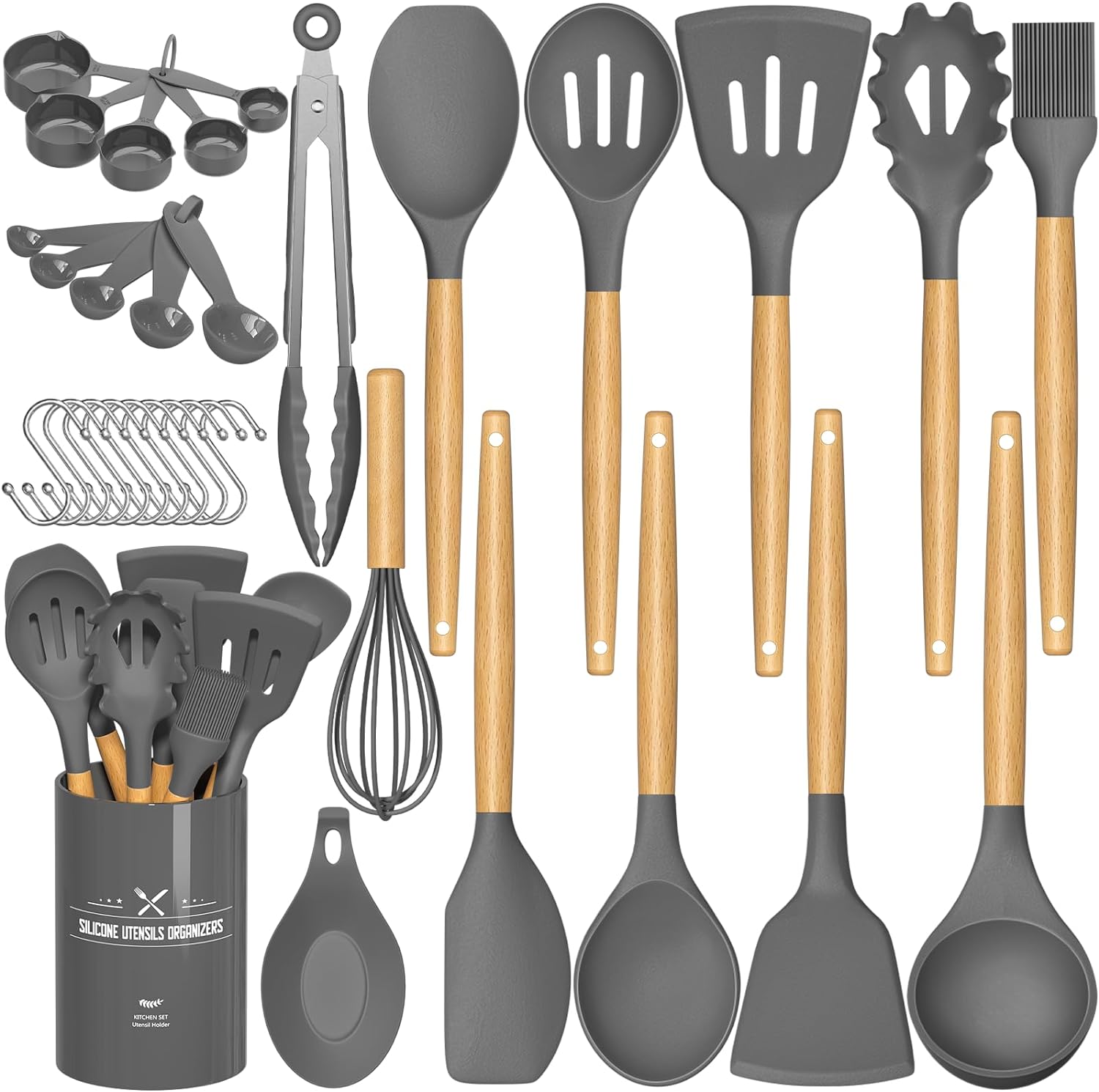 Umite Chef Kitchen Cooking Utensils Set, 33 pcs Non-stick Silicone Spatula Set with Holder, Woodle Handle Heat Resistant Gadgets Utensil (Gray)