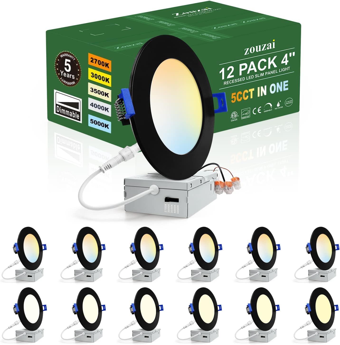 zouzai 12 Pack 4 Inch Black 5CCT Reset Ultra-Thin LED Recessed Ceiling Light with Junction Box, 2700K/3000K/3500K/4000K/5000K Selectable, 9W Dimmable, led can Lights – ETL and Energy Star Certified