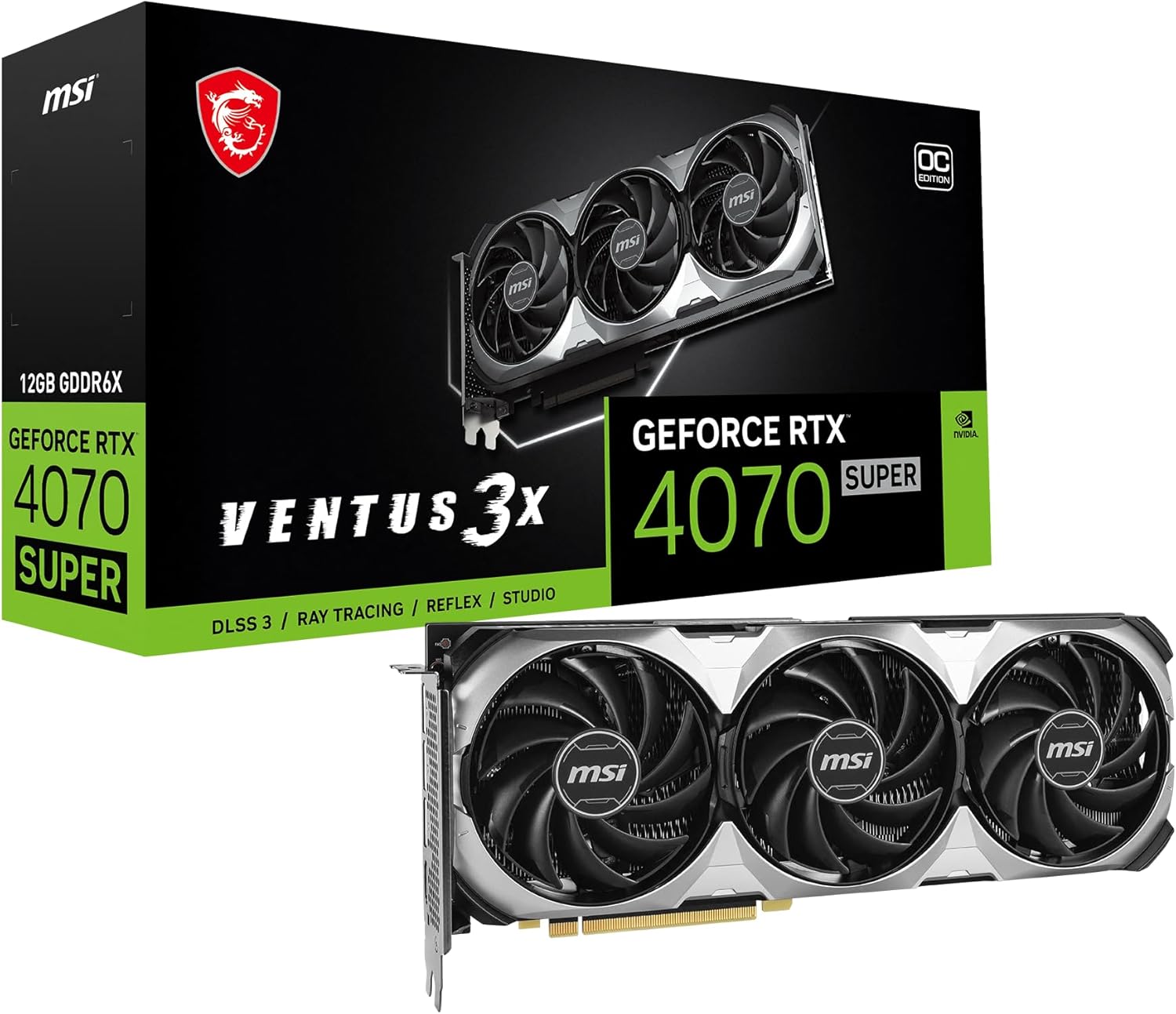 MSI Gaming RTX 4070 Super 12G Ventus 3X OC Graphics Card (NVIDIA RTX 4070 Super, 192-Bit, Extreme Clock: 2520 MHz, 12GB GDRR6X 21 Gbps, HDMI/DP, Ada Lovelace Architecture)