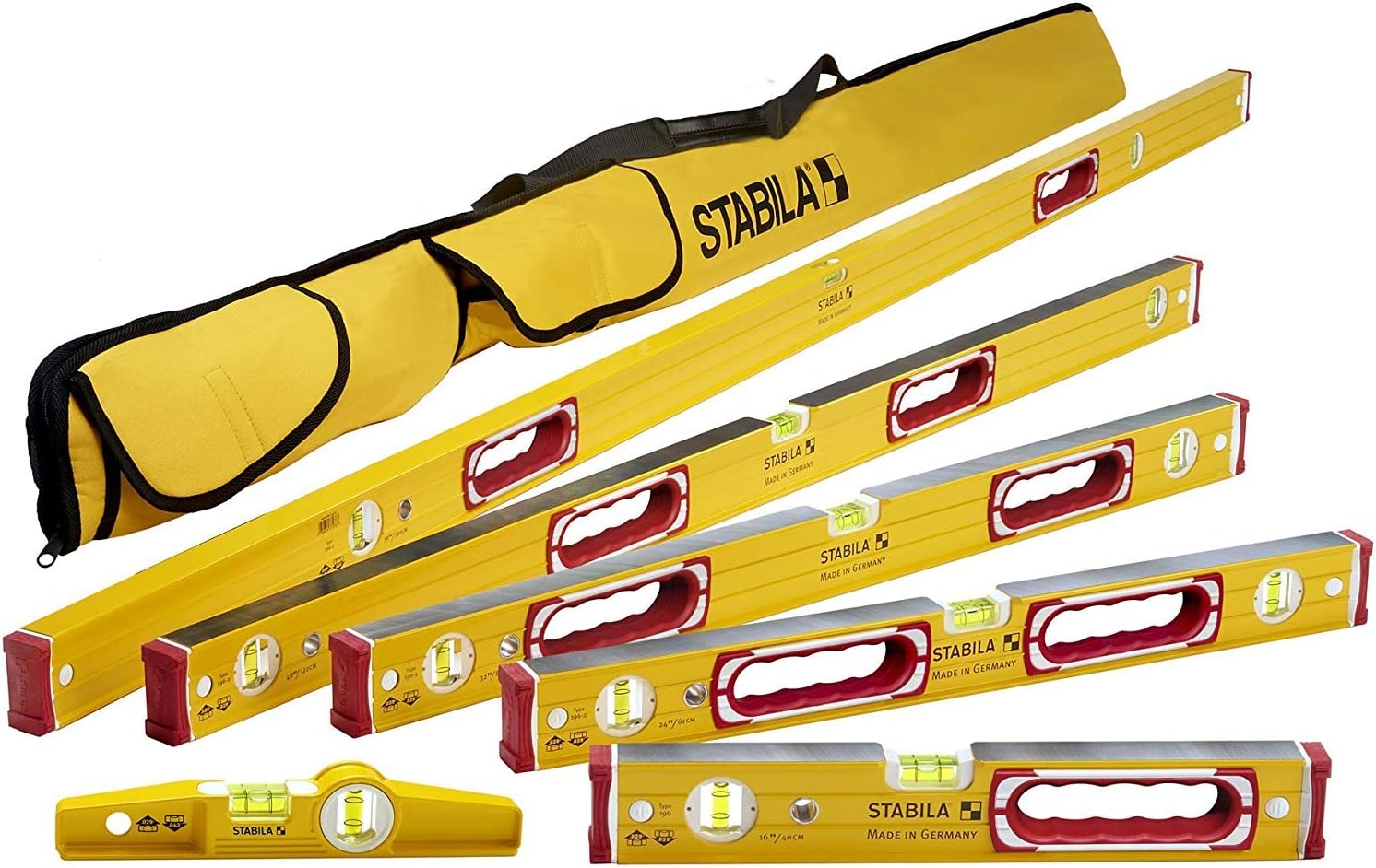 Stabila 78496 Type 196 Heavy Duty Complete 6 Level Kit – 78″/48″/32″/24″/16″/10” Die Cast Magnetic Torpedo Level Includes Nylon Carrying Case, Yellow