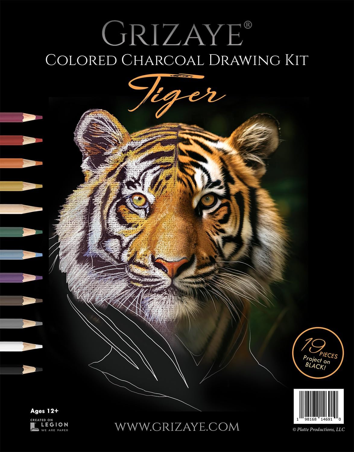 Grizaye Charcoal Tiger Drawing Kit | Learn to Draw with Art Lessons, Set of 12 Colored Charcoal Pencils, Step-by-Step, Color Guide, Photo Reference, Transfer Paper, Legion Ultra Black Charcoal Paper