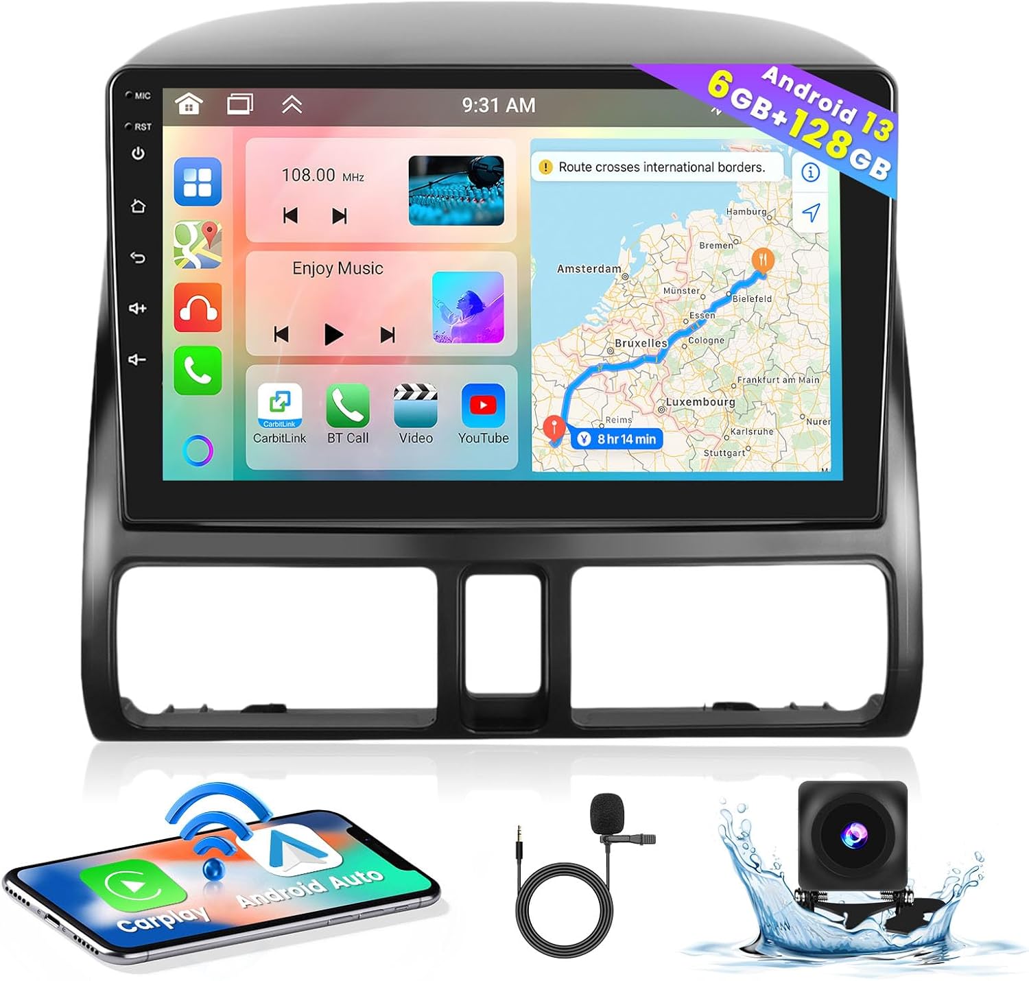 8 Core 6+128GB Android 13 Car Stereo for Honda CRV 2002-2006 with Wireless Apple Carplay, 9 Inch IPS Touchscreen Car Radio 59UI GPS Navigation WiFi 32EQ DSP Backup Camrea