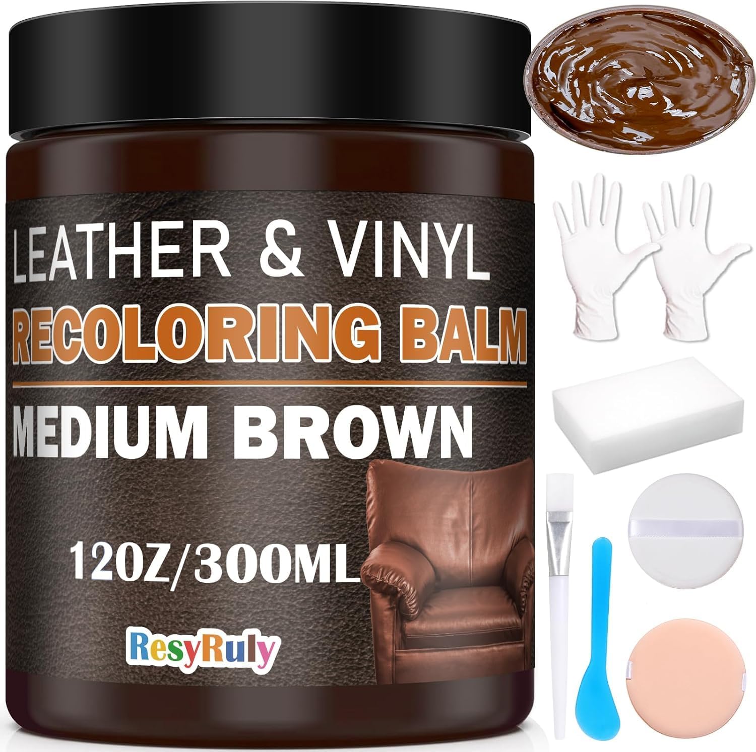 Leather Recoloring Balm Medium Brown Leather Dye Vinyl Car Interior Leather Seat Paint Furniture Couch Recliner Chair Boot Jacket Shoe bag Purse Belt Color Restorer Fading Stain Scratch Remover Repair